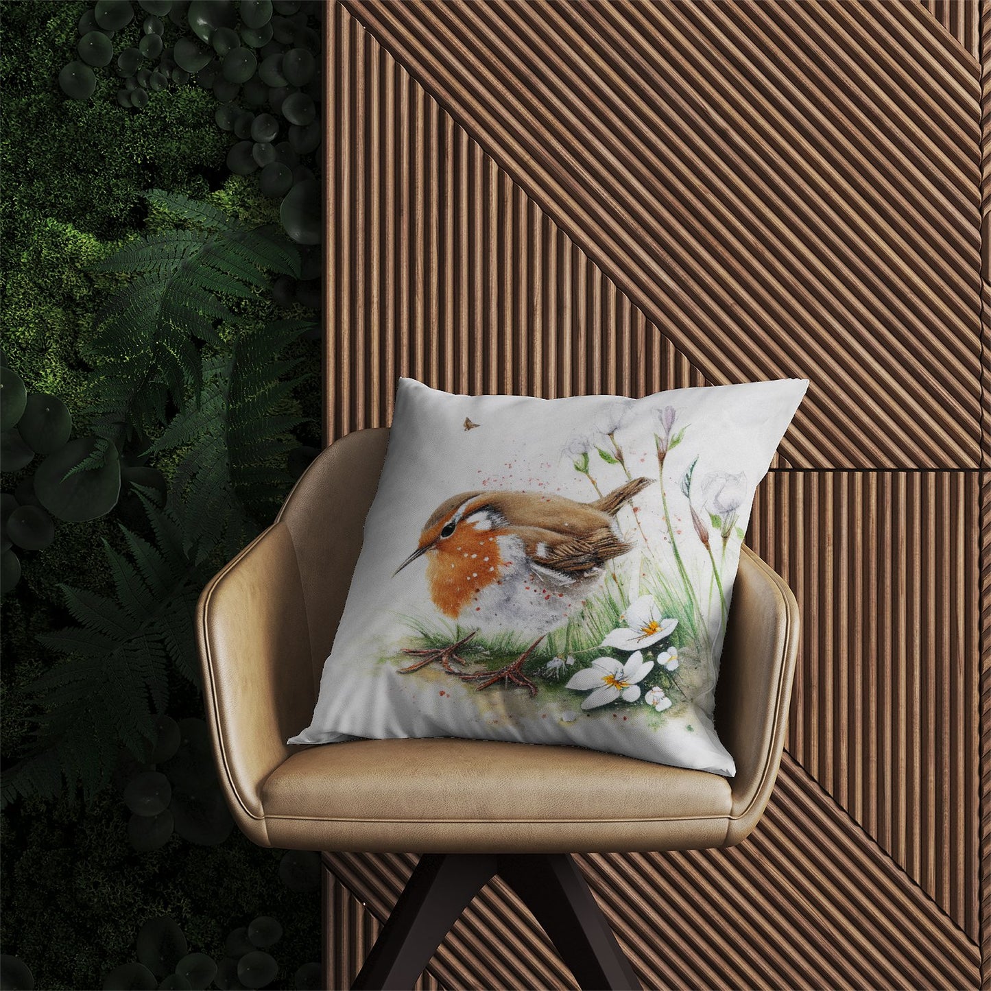 Robin And Daisies Watercolour Outdoor Cushion