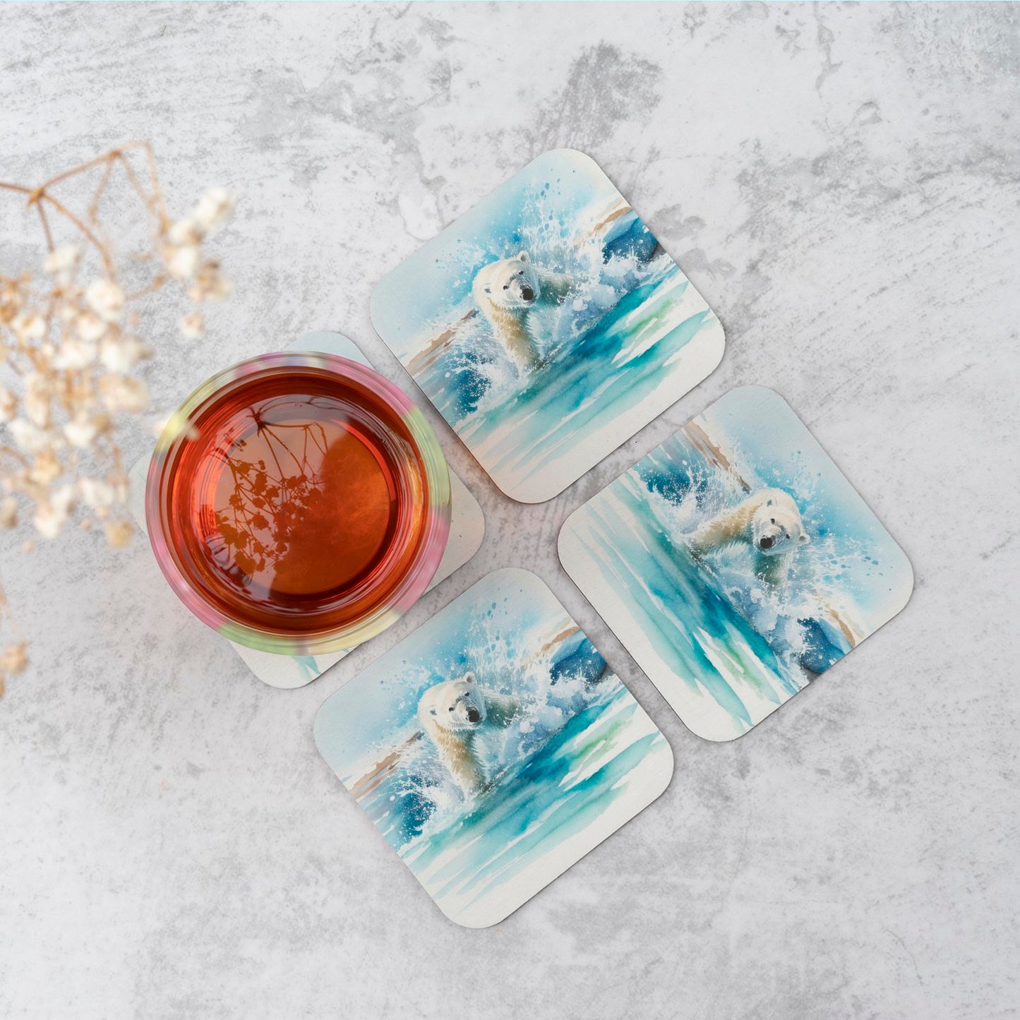Hunting Polar Bear Watercolour Coasters