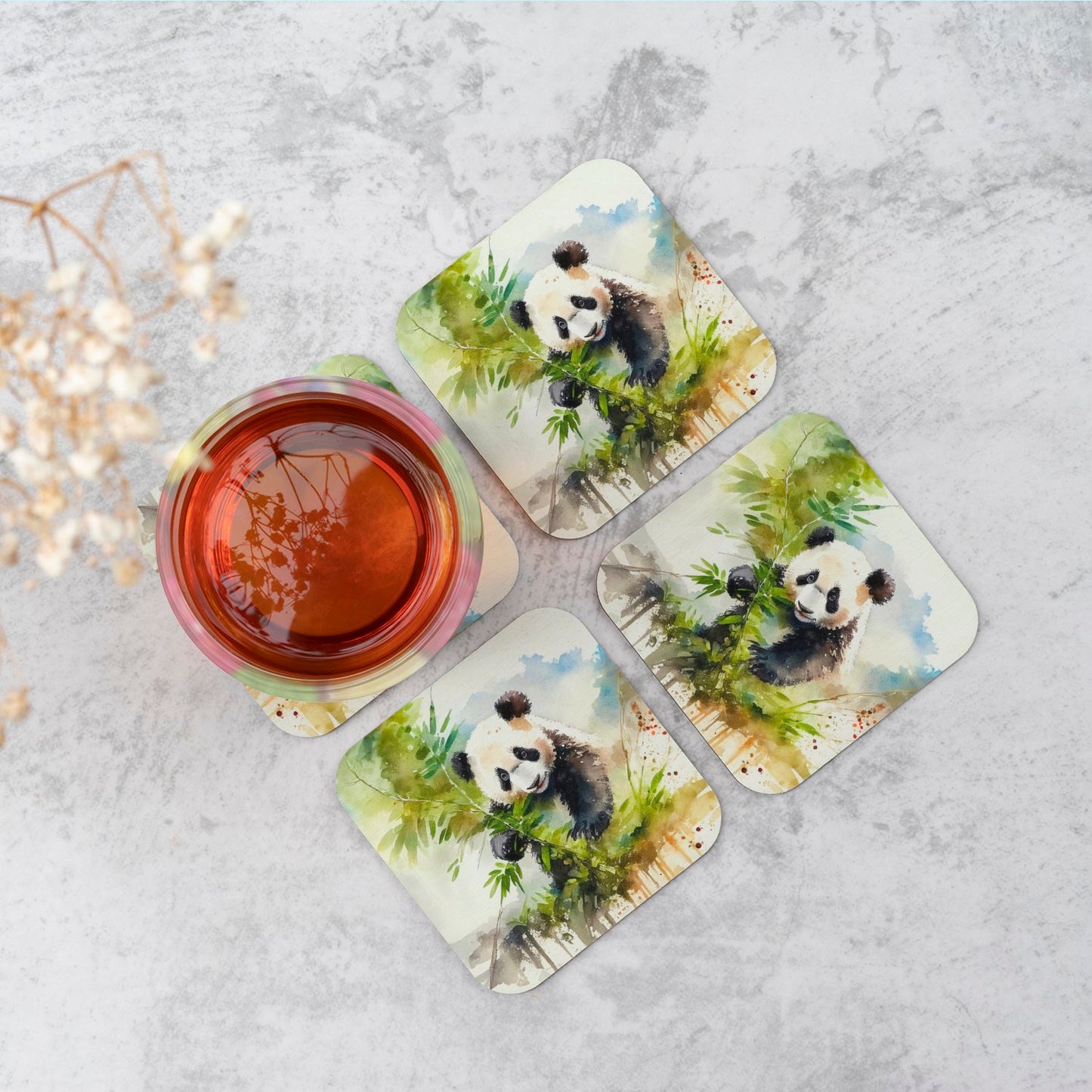 Panda Eating Bamboo Watercolour Coasters