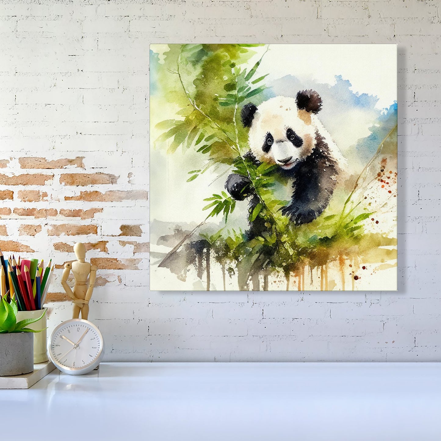 Panda Eating Bamboo Watercolour Canvas