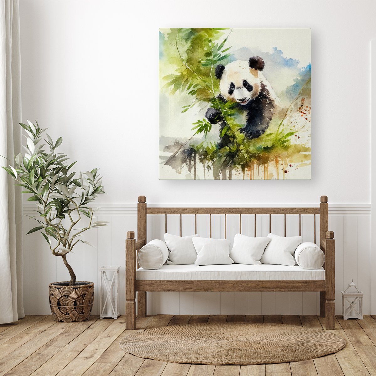 Panda Eating Bamboo Watercolour Canvas