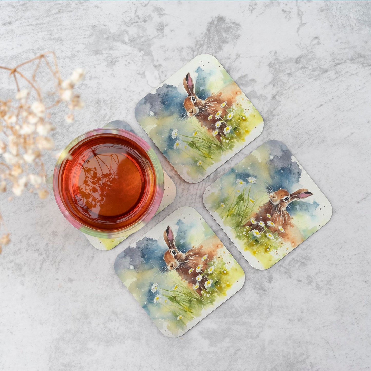 Hare And Daisies Watercolour Coasters