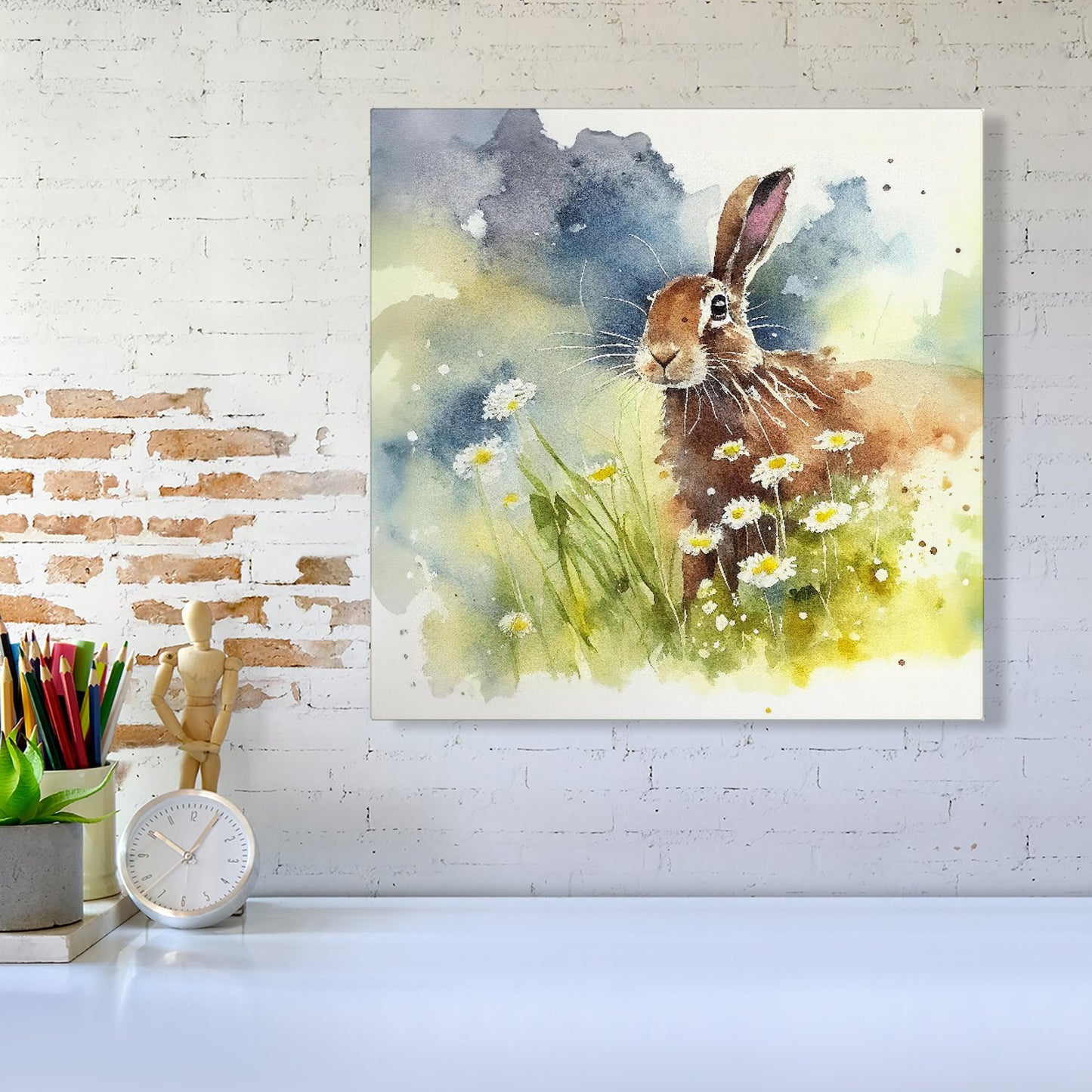 Hare And Daisies Watercolour Canvas