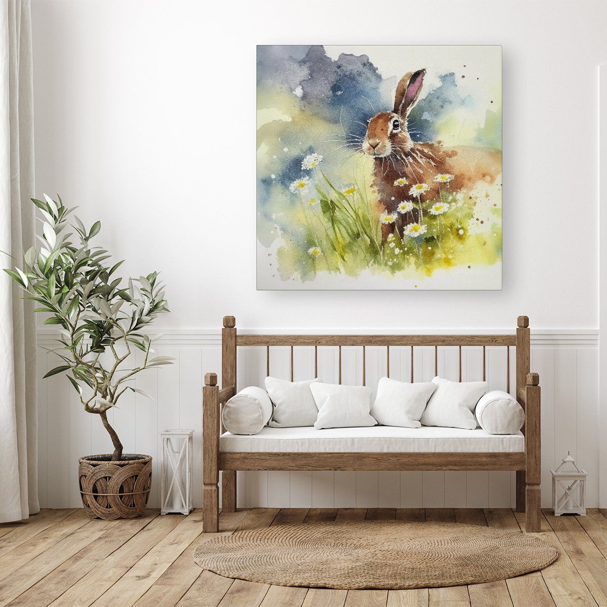 Hare And Daisies Watercolour Canvas