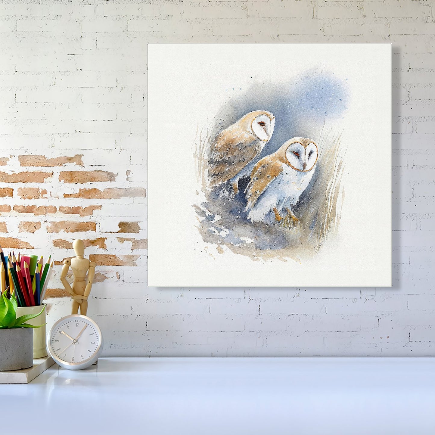 Barn Ano Owls Watercolour Canvas