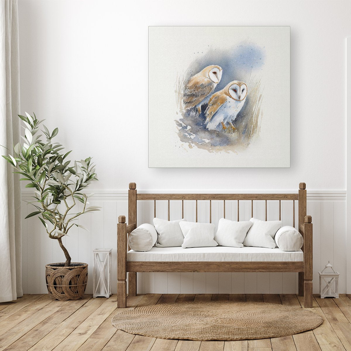 Barn Ano Owls Watercolour Canvas