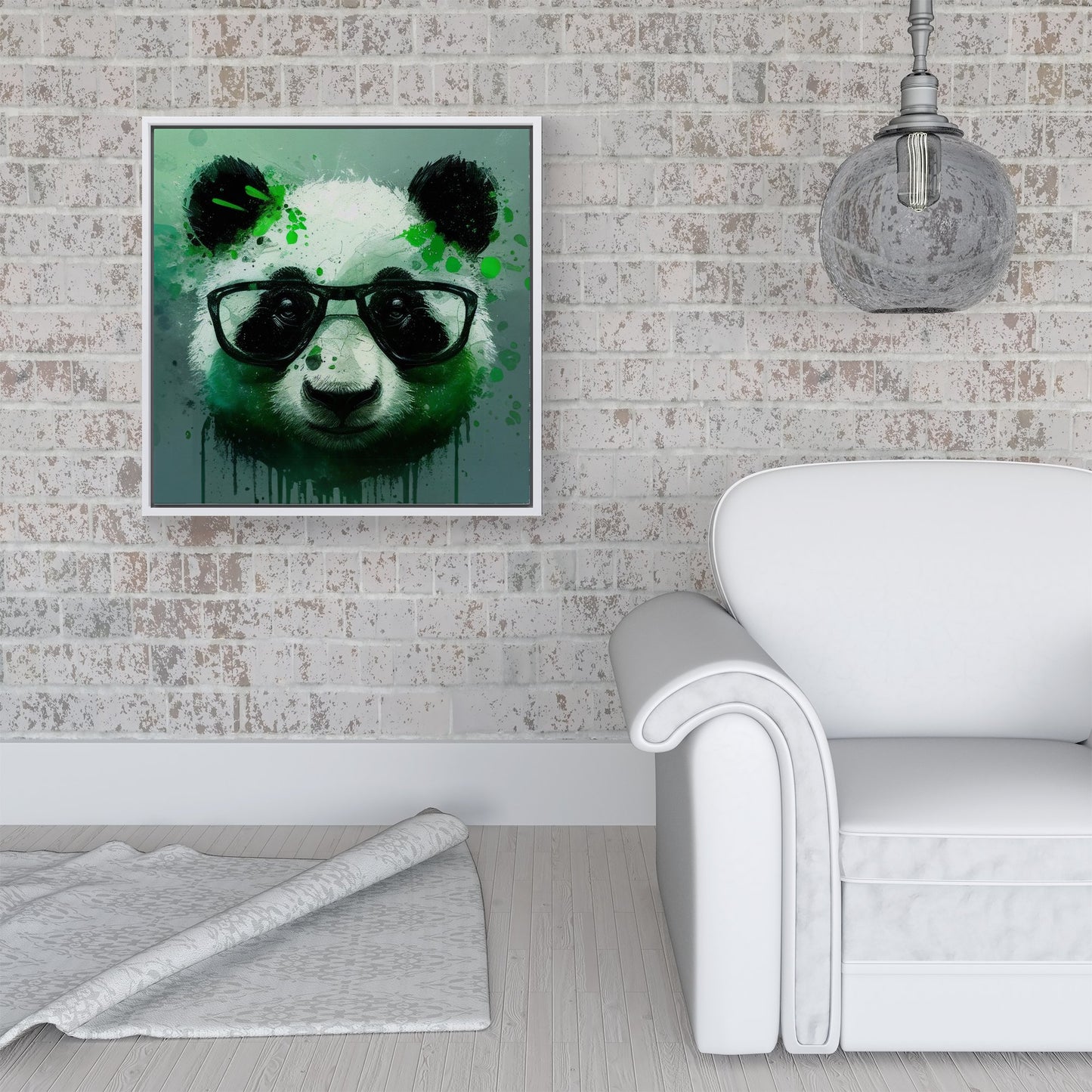 Panda With Glasses, Green Splashart Framed Canvas