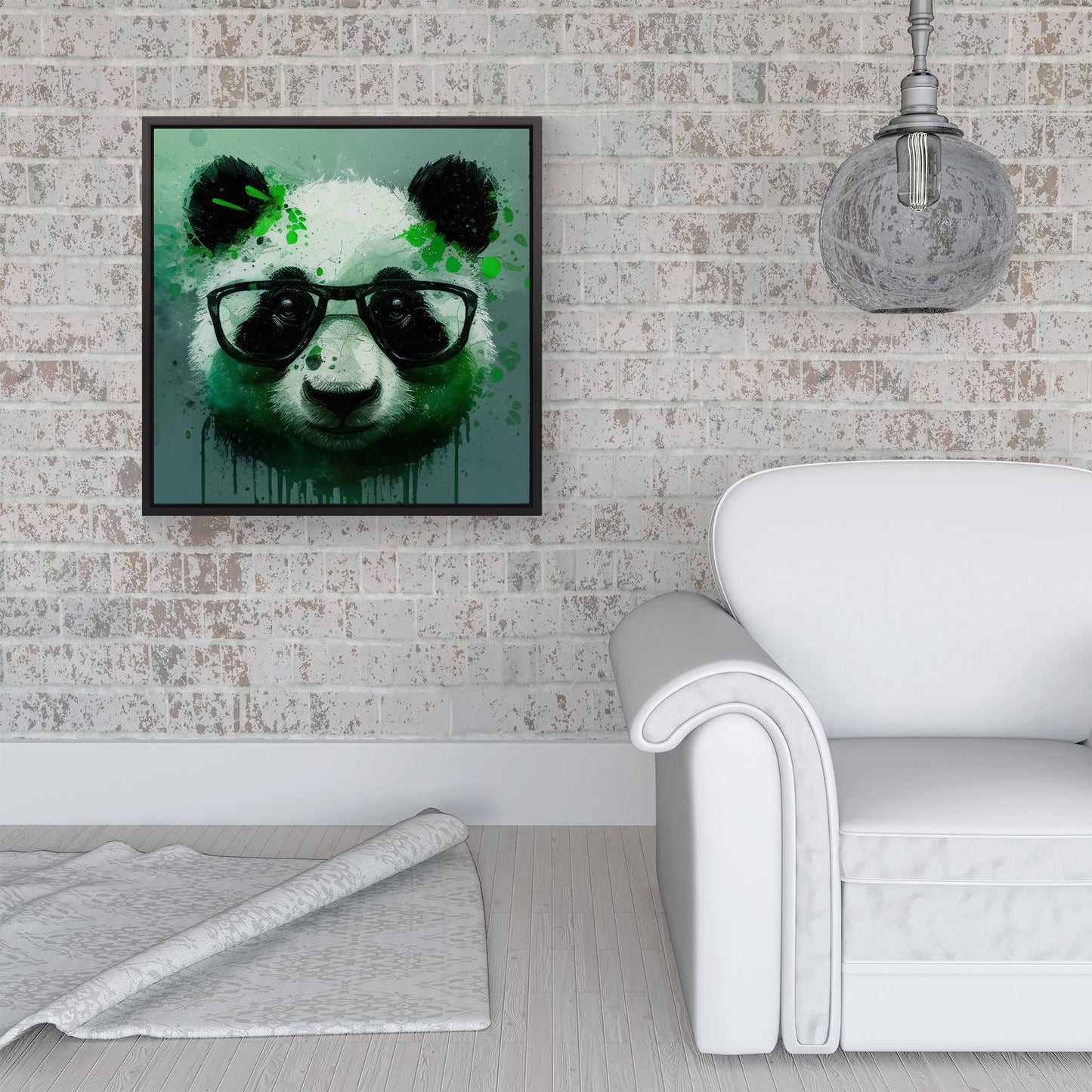 Panda With Glasses, Green Splashart Framed Canvas