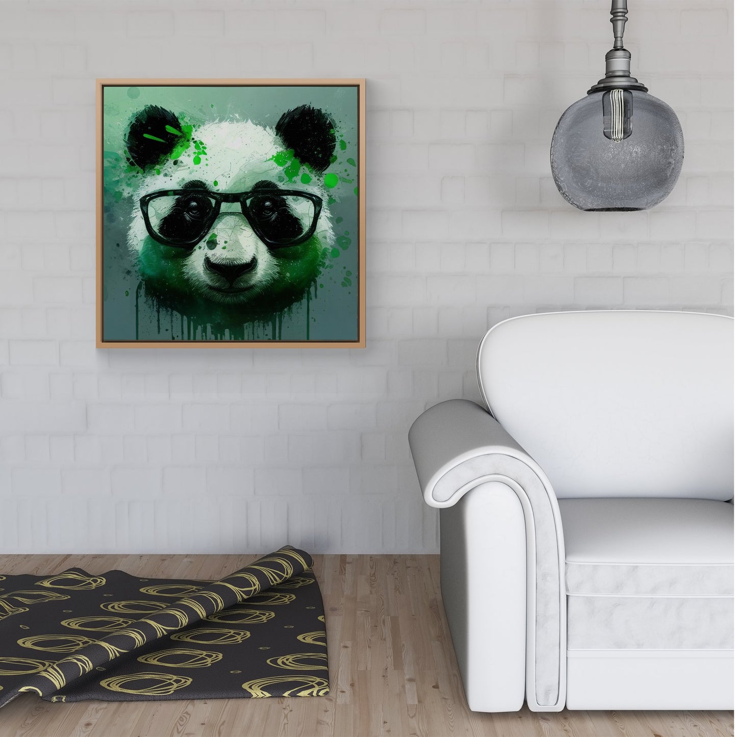 Panda With Glasses, Green Splashart Framed Canvas