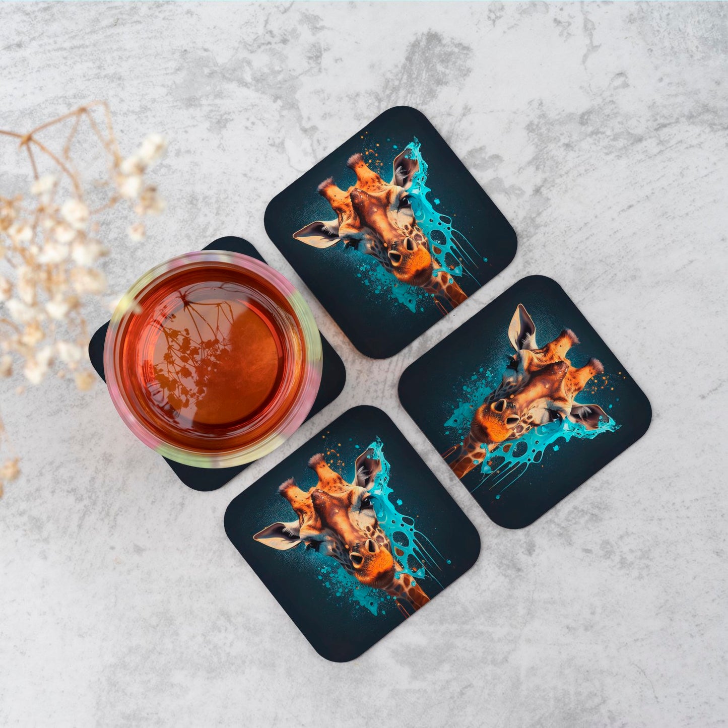 Blue Giraffe Face Splashart Coasters