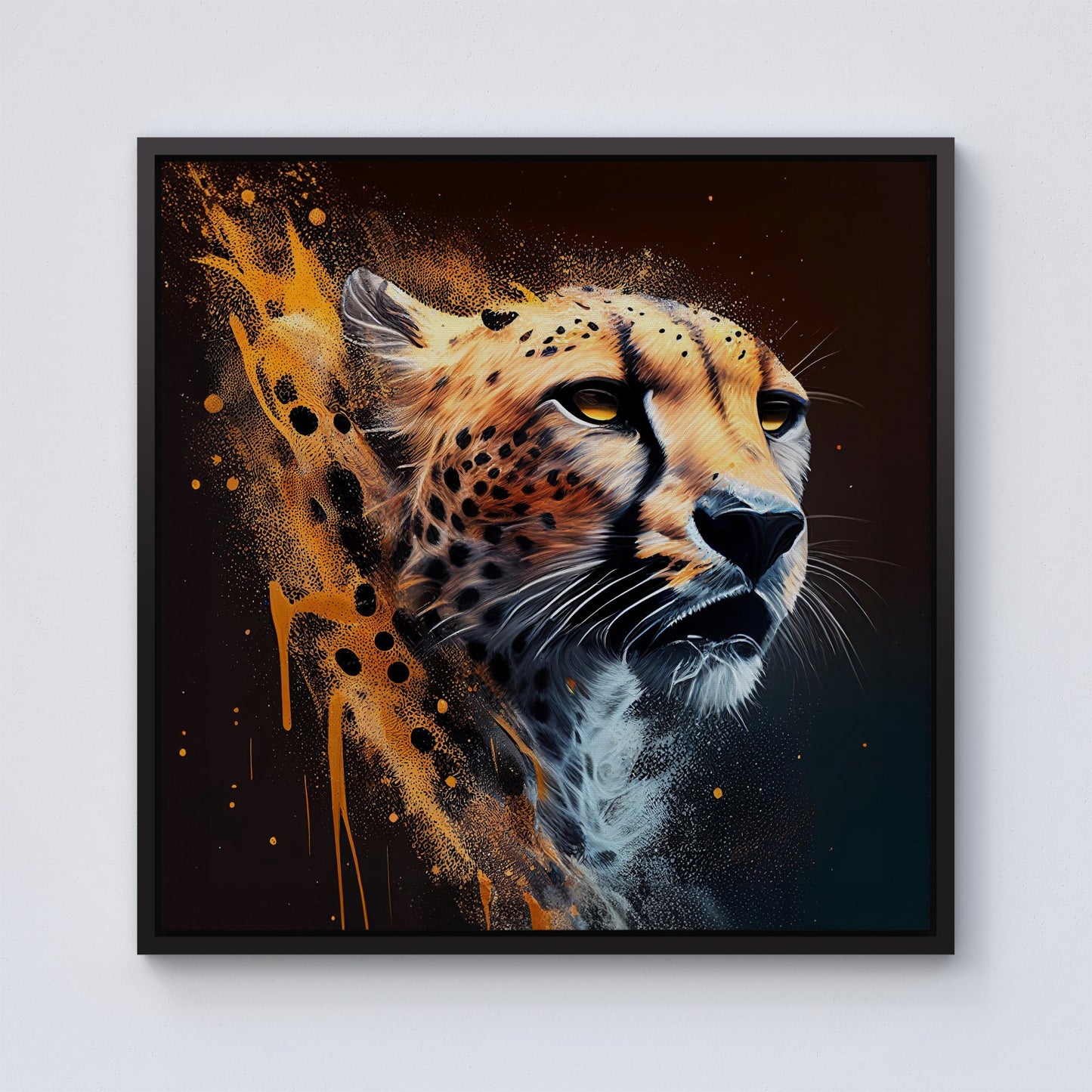 Cheetah Face Splashart Dark Background Framed Canvas