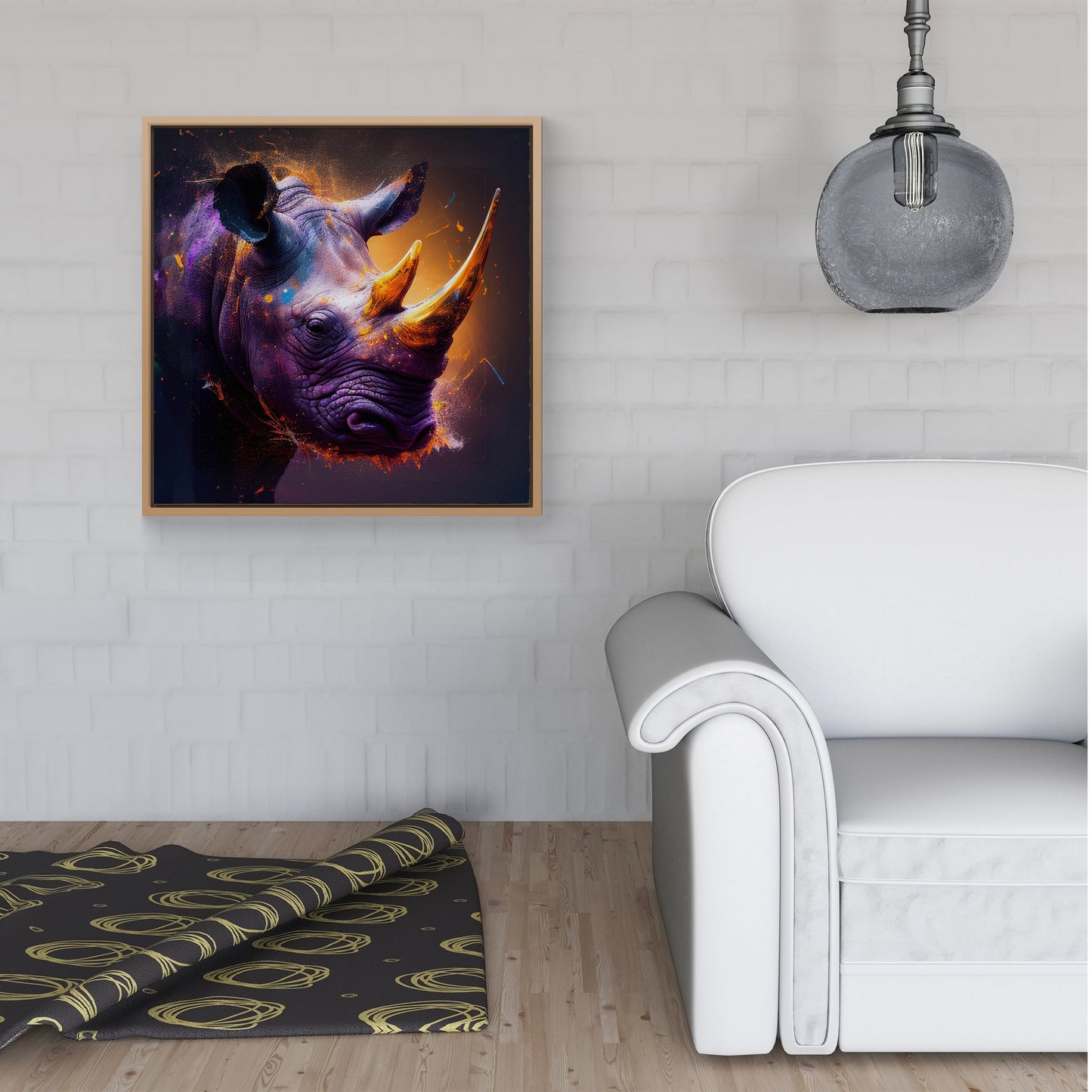 Golden Rhino Face Splashart Framed Canvas