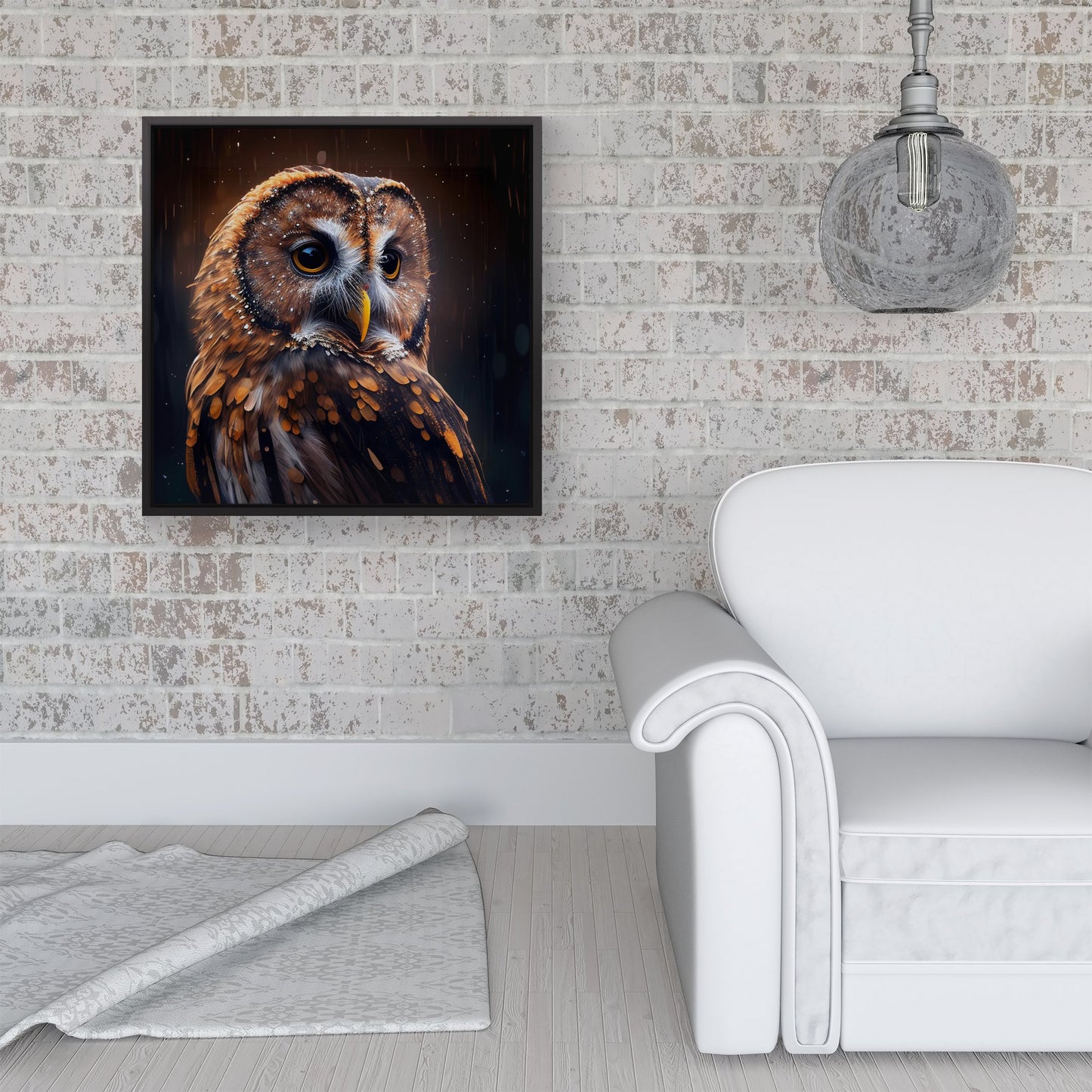 Tawny Owl Face Splashart Dark Background Framed Canvas