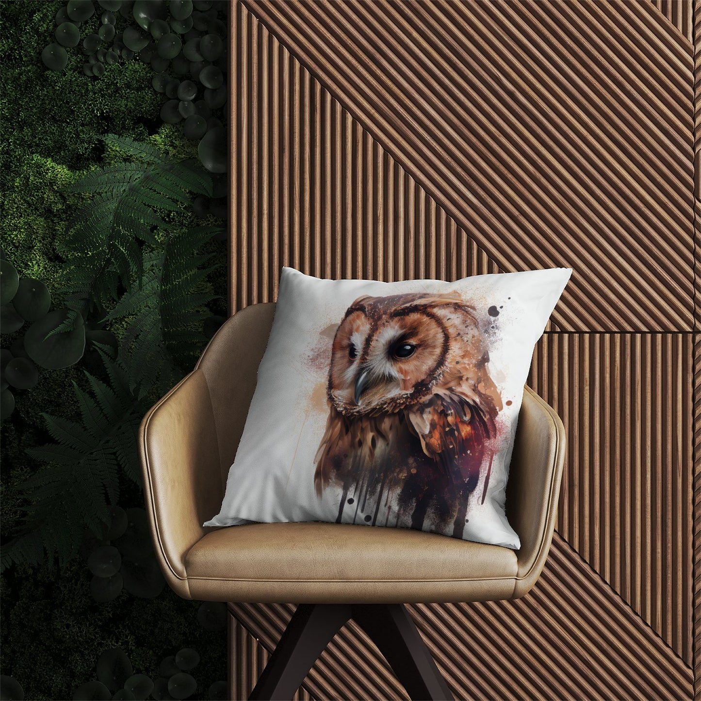 Tawny Owl Face Splashart Light Background Outdoor Cushion