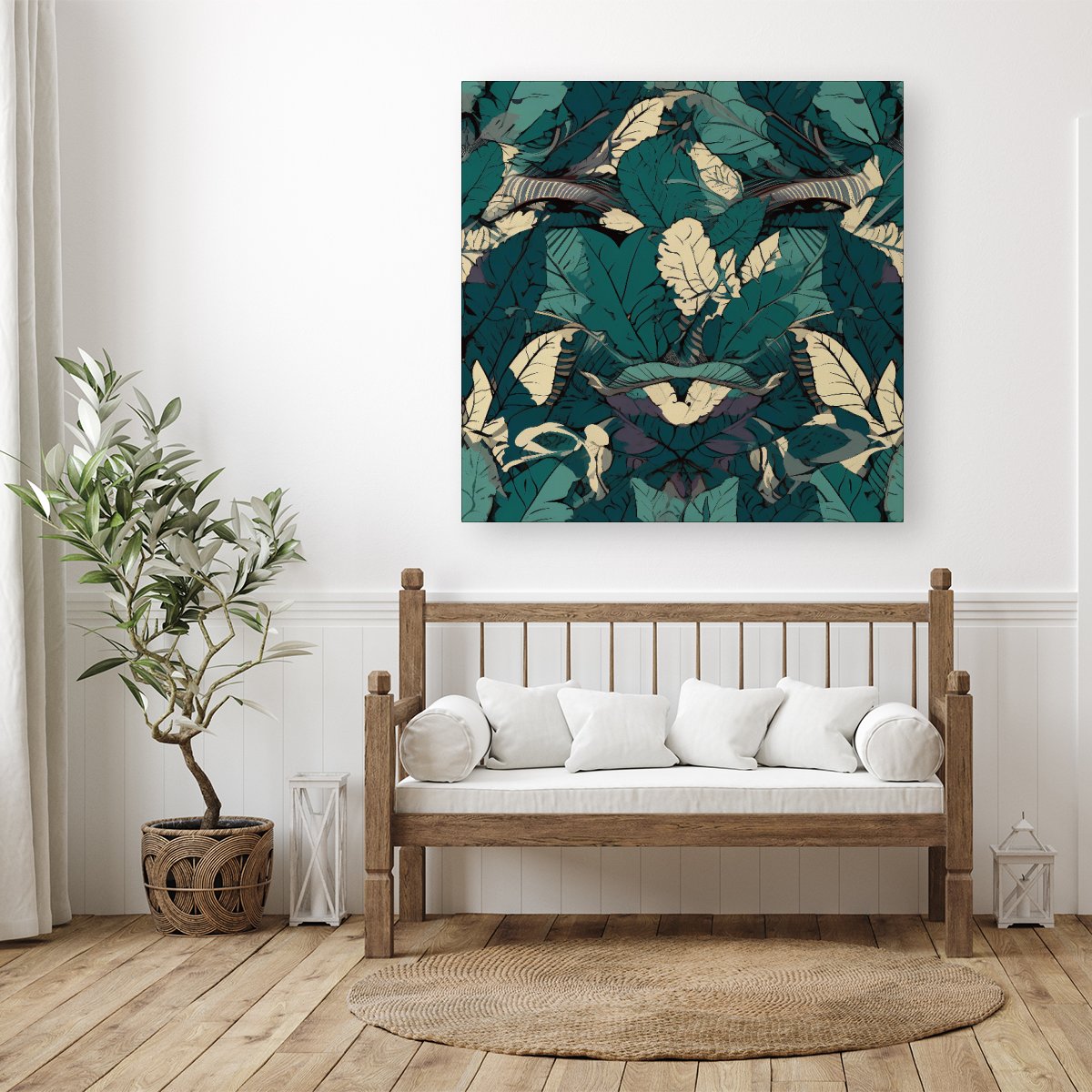 Green Beige Tropical Leaves Canvas