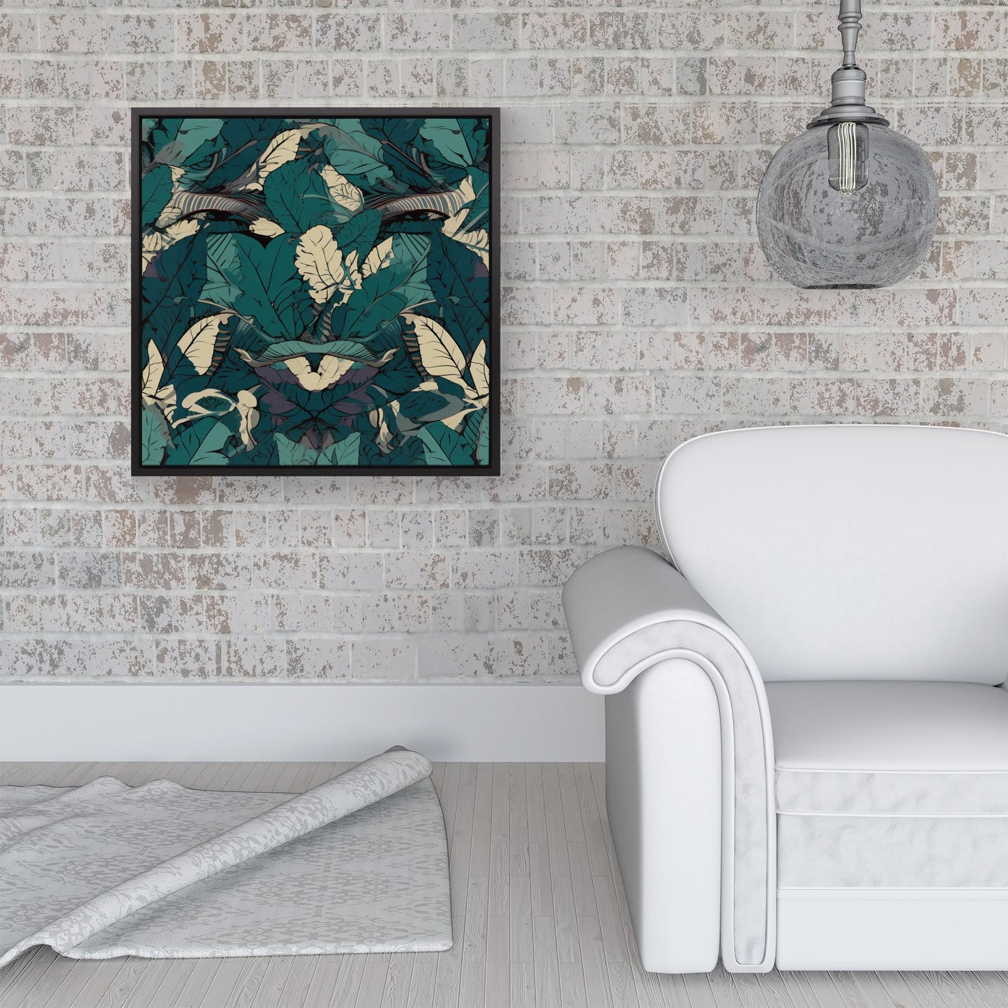Green Beige Tropical Leaves Framed Canvas