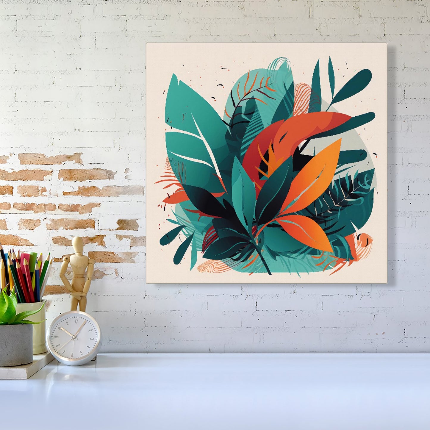 Green Orange Tropical Leaves Canvas