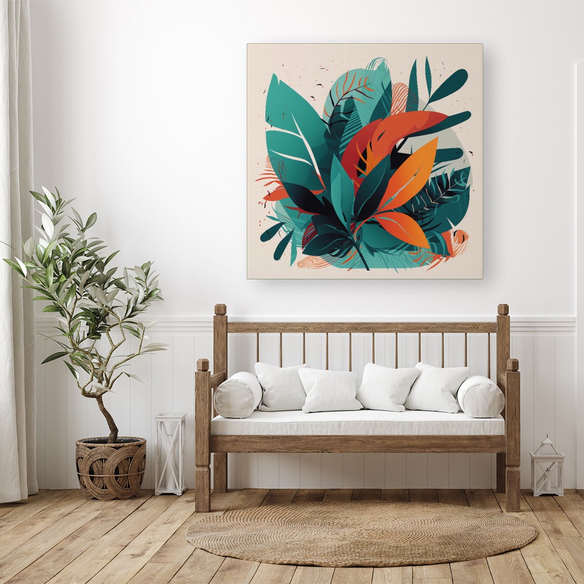 Green Orange Tropical Leaves Canvas