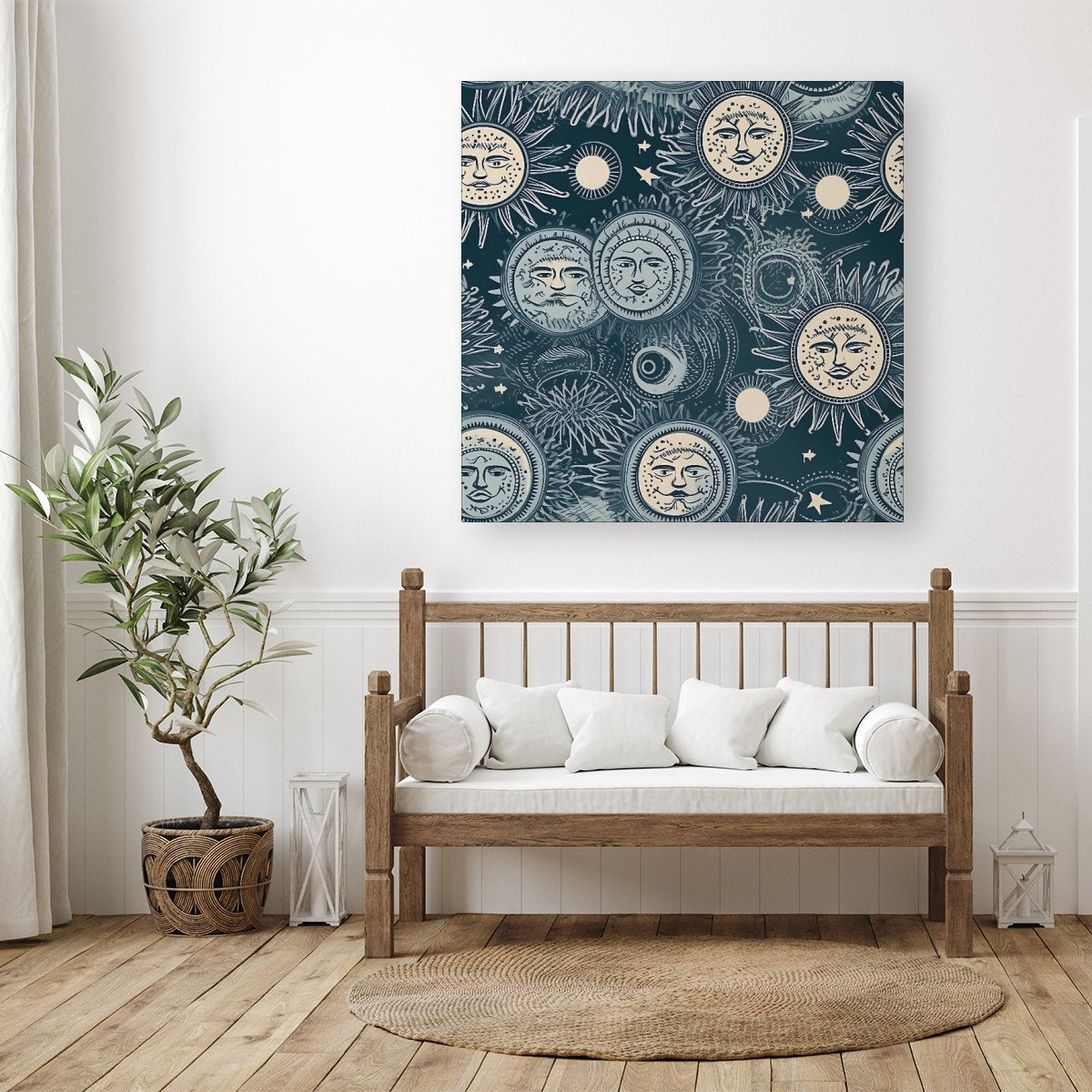Silver Blue Moon and Stars Canvas