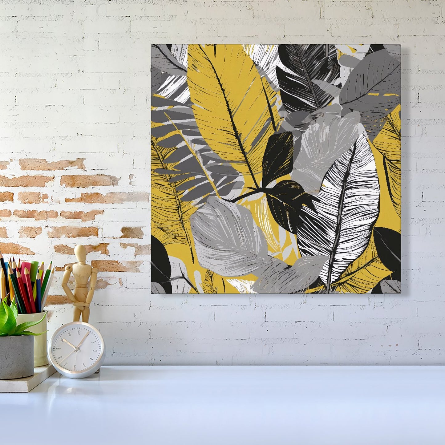 Grey Yellow Floral Leaves Canvas