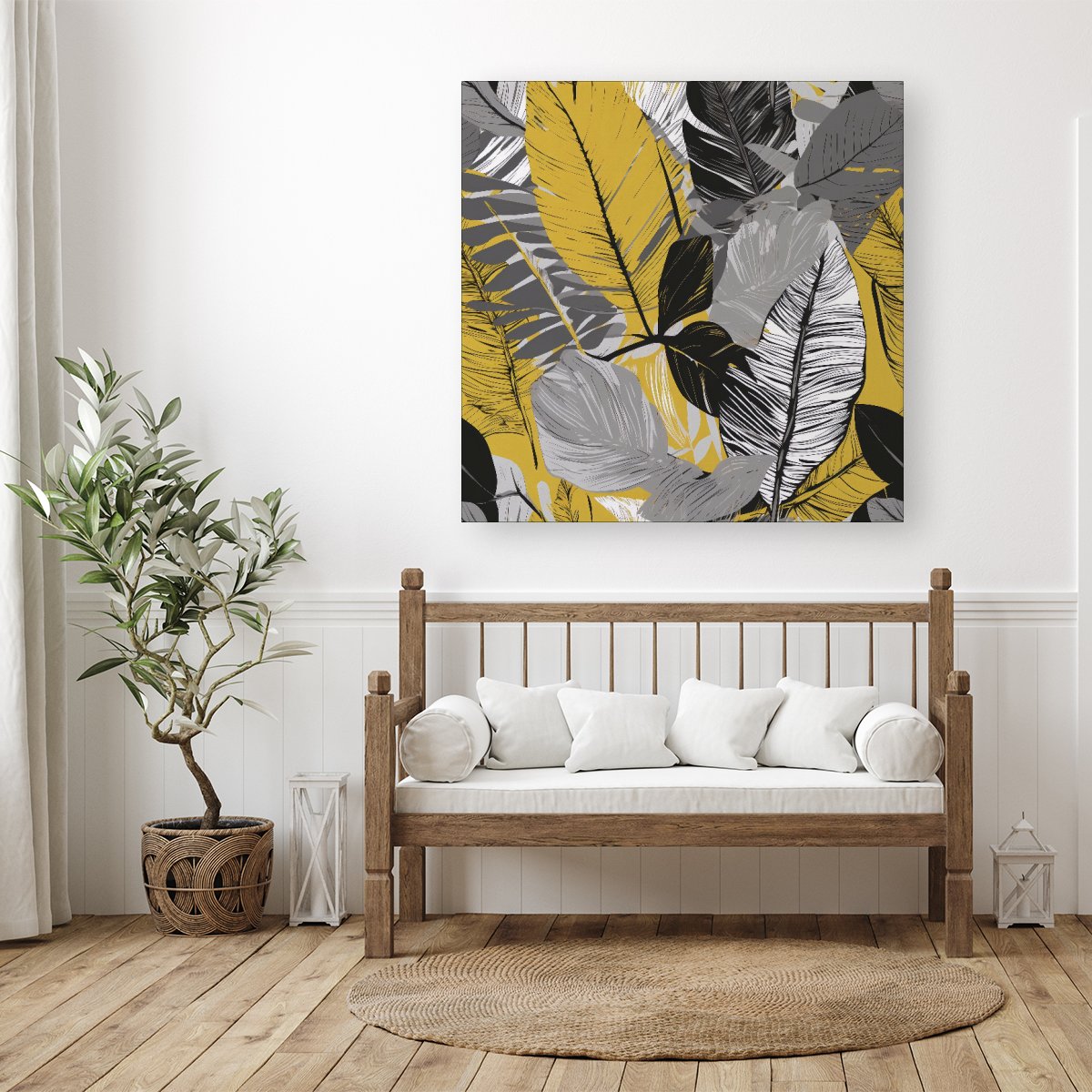 Grey Yellow Floral Leaves Canvas