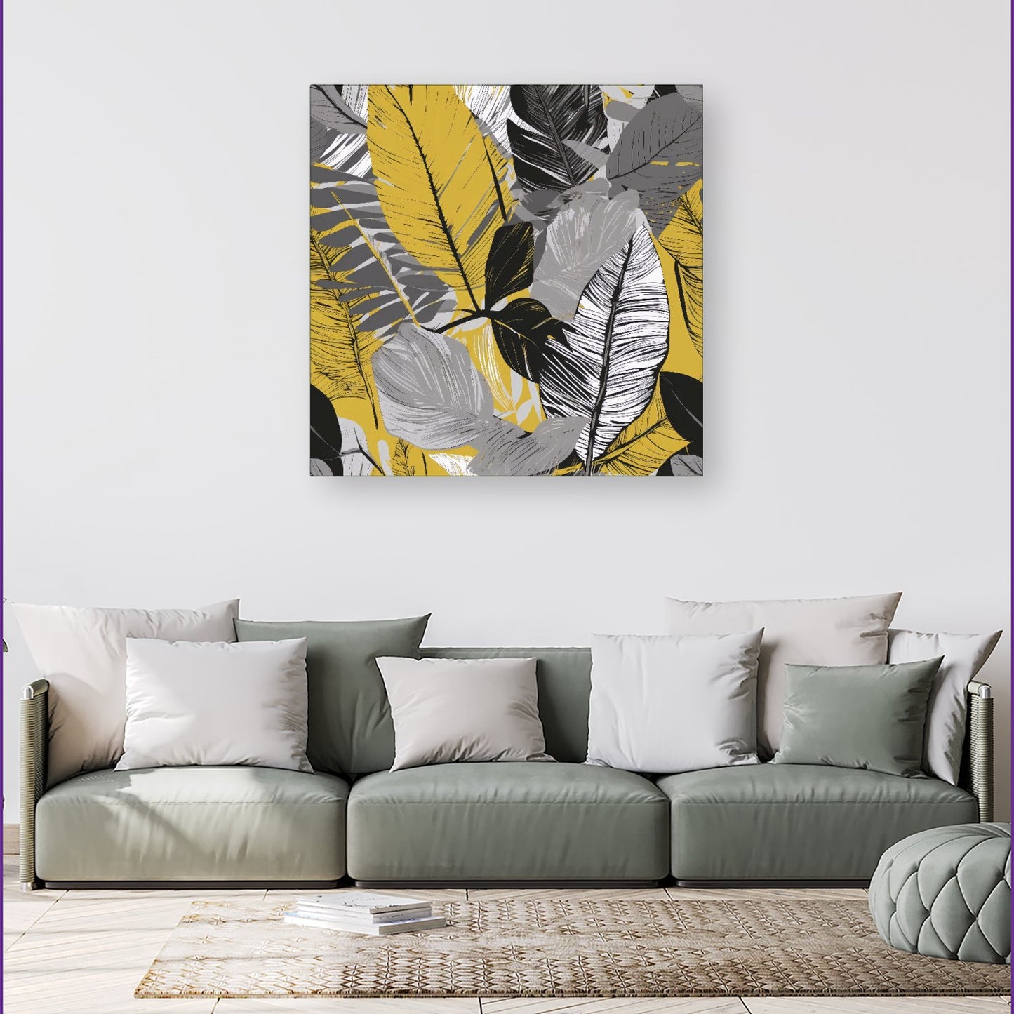 Grey Yellow Floral Leaves Canvas