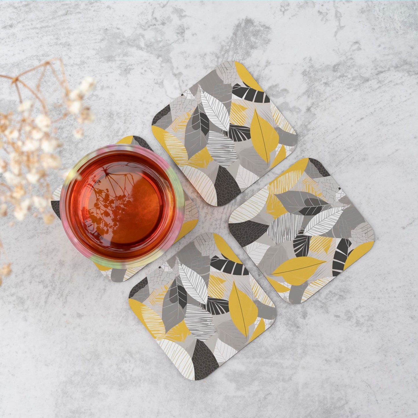 Grey Yellow Autumn Leaves Coasters