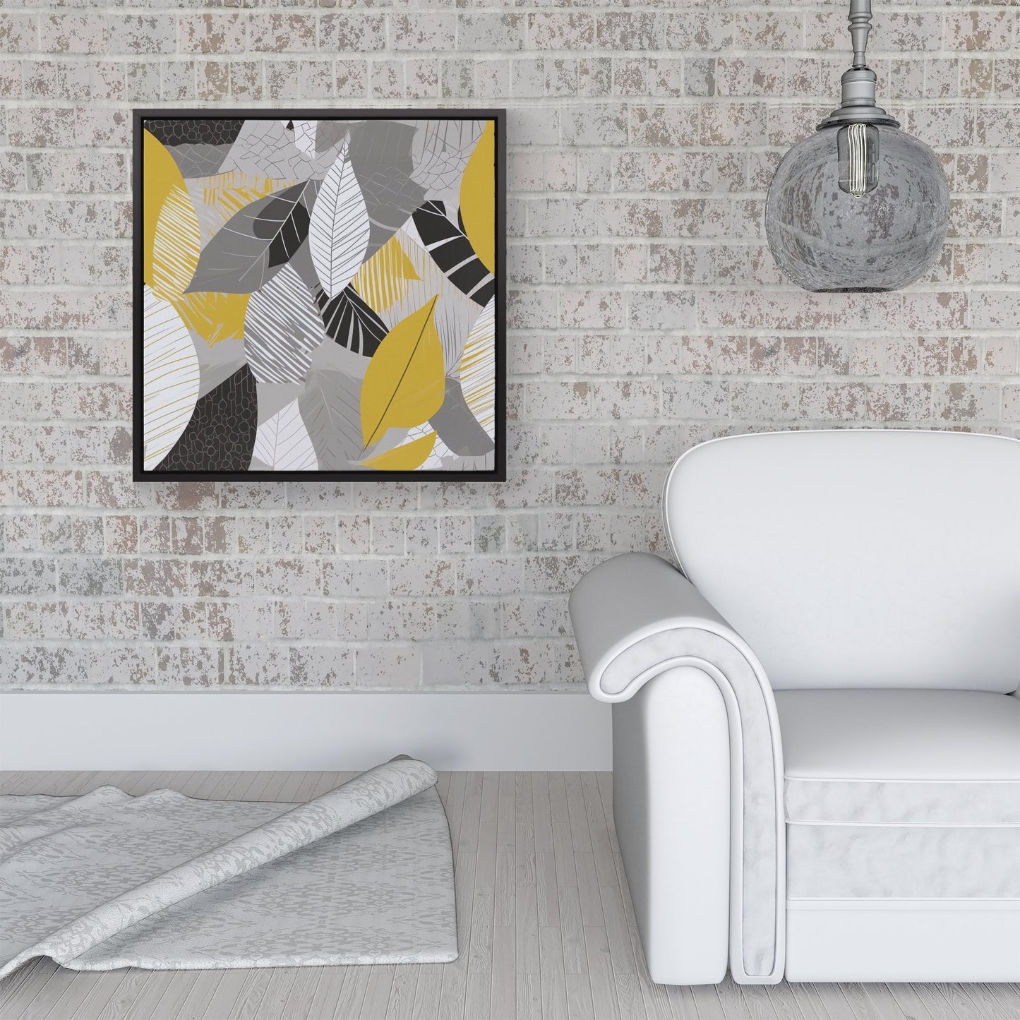 Grey Yellow Autumn Leaves Framed Canvas