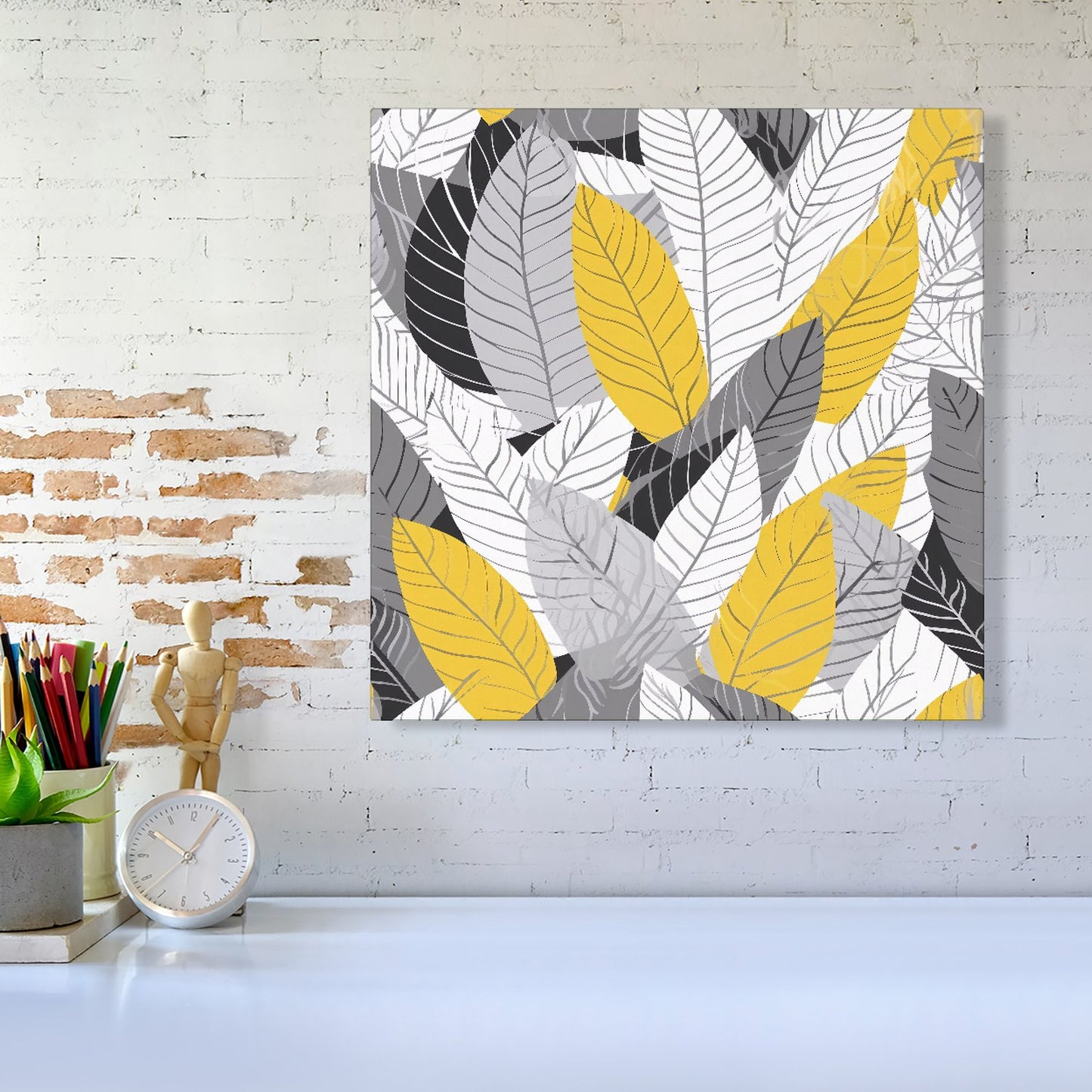 Yellow Grey Feather Leaves Canvas