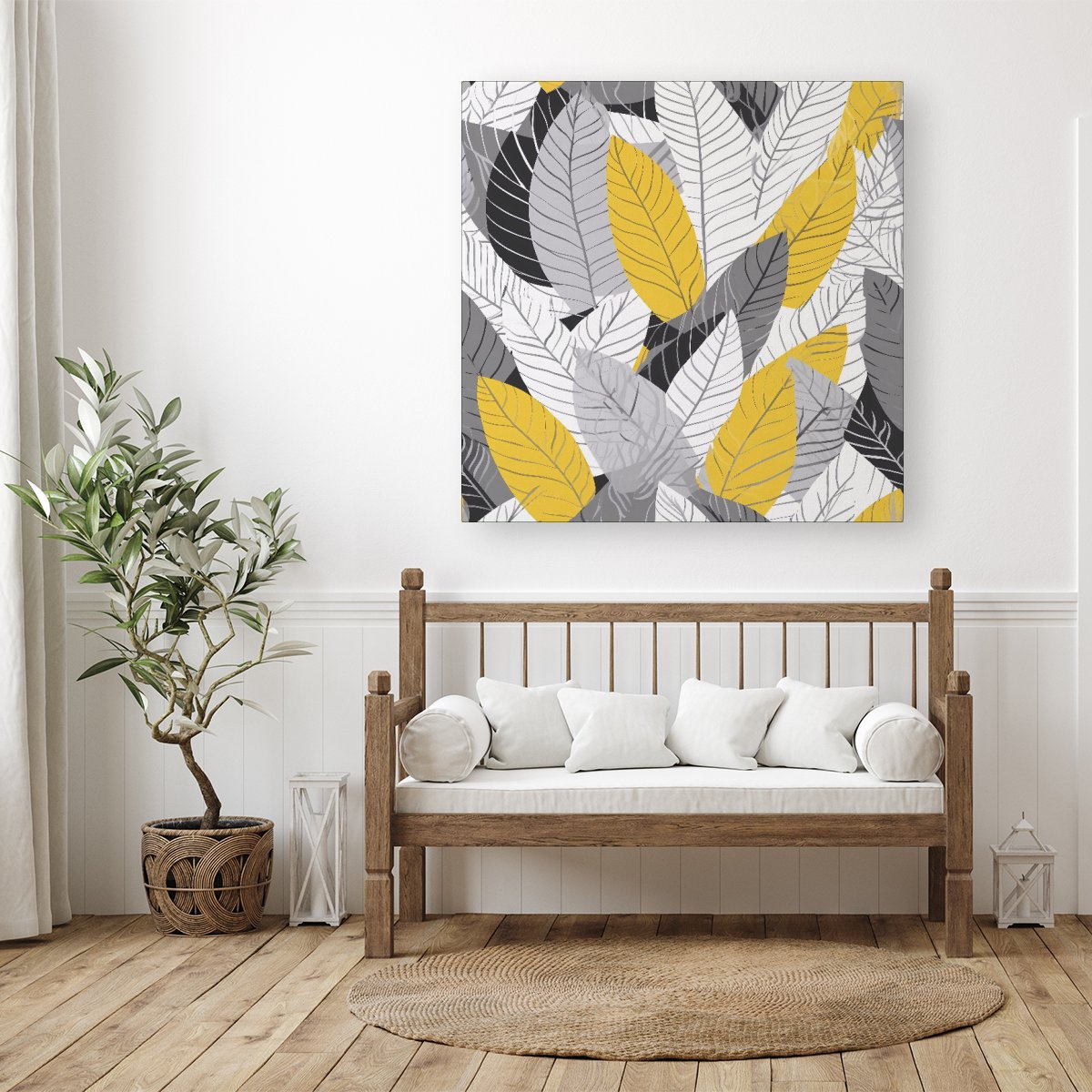 Yellow Grey Feather Leaves Canvas
