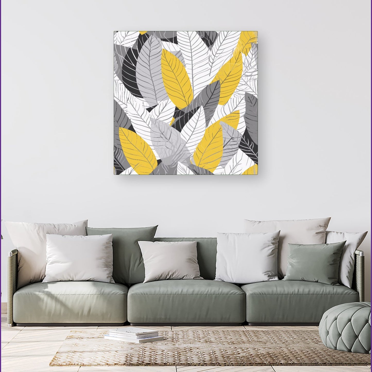 Yellow Grey Feather Leaves Canvas