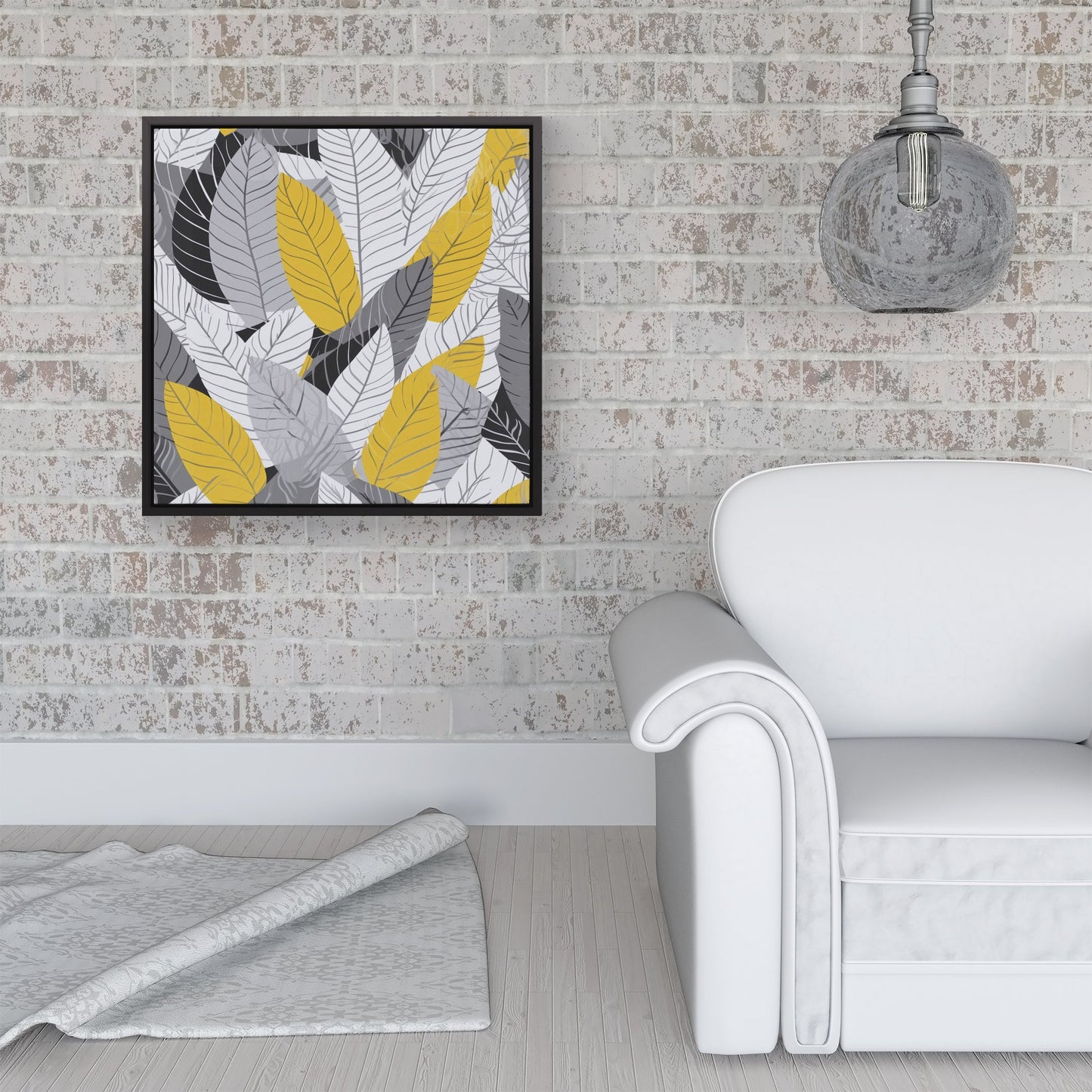 Yellow Grey Feather Leaves Framed Canvas