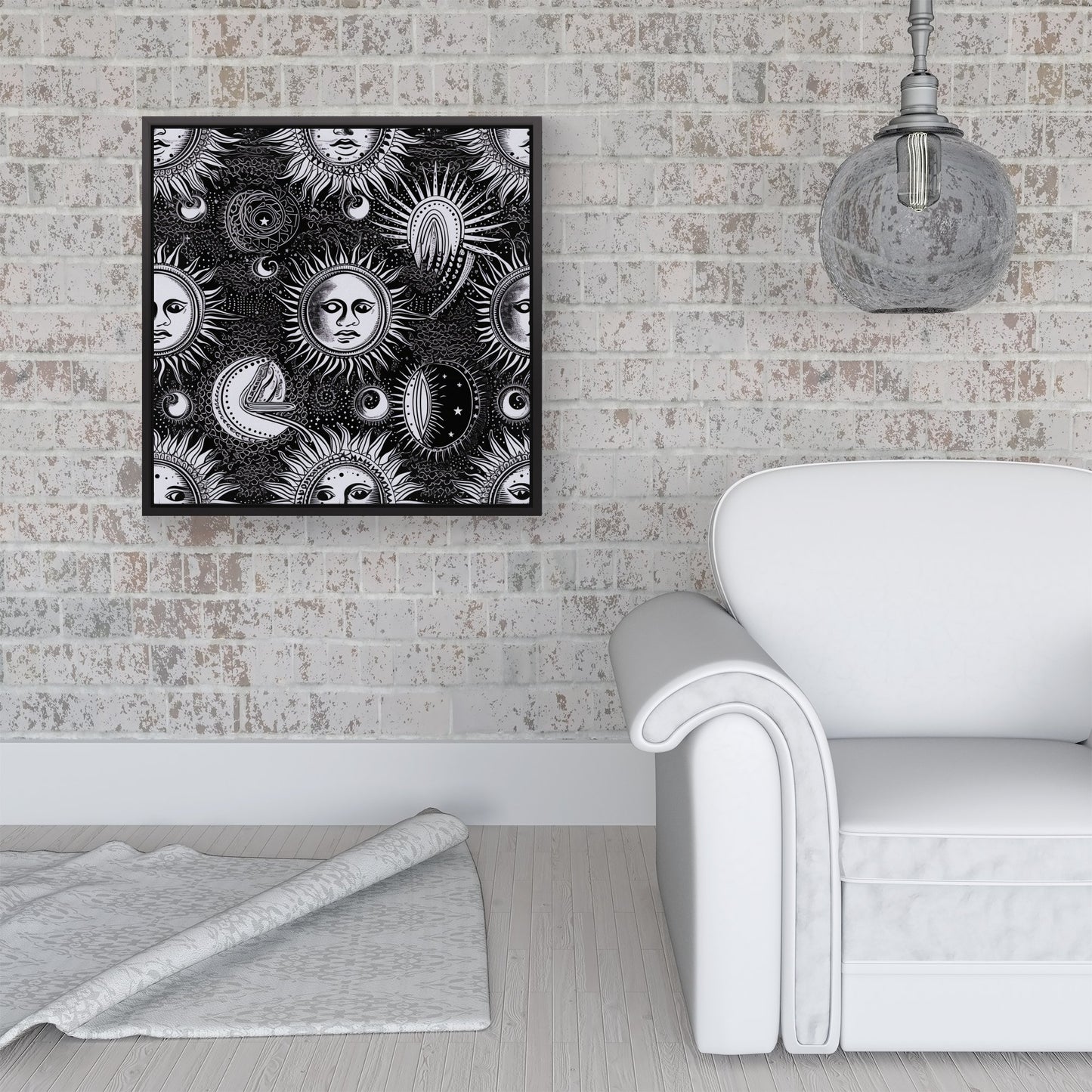 Moon and Sun Black White Framed Canvas