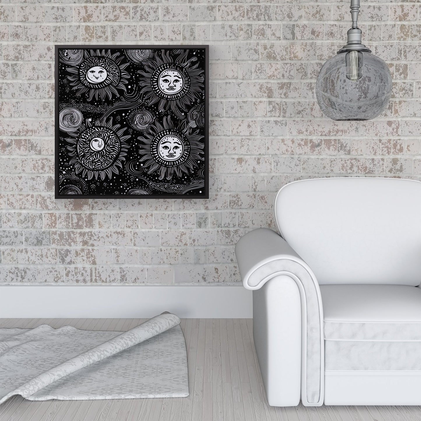 Moon and Sun White Black Framed Canvas