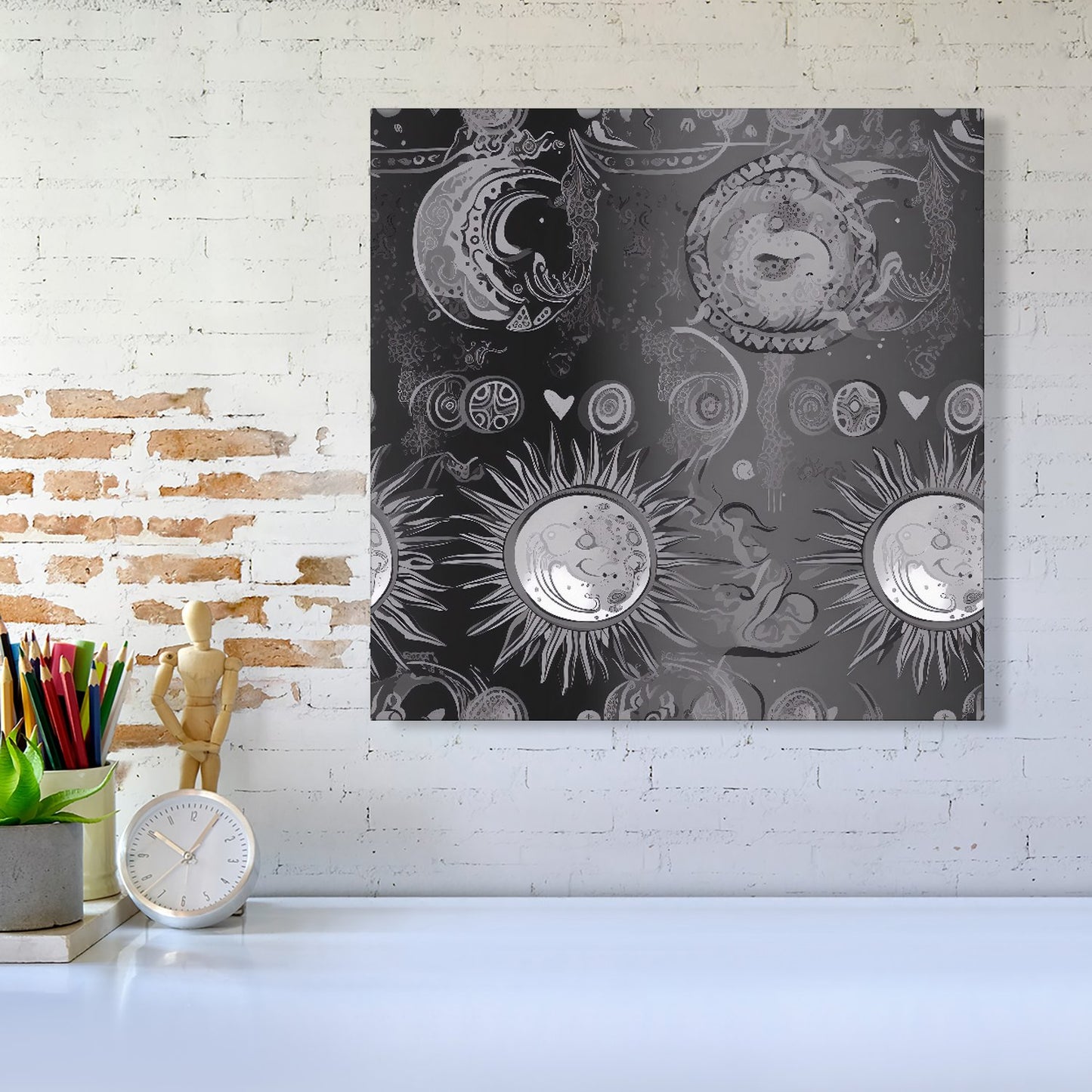 Black Grey Abstract Sun and Moon Canvas