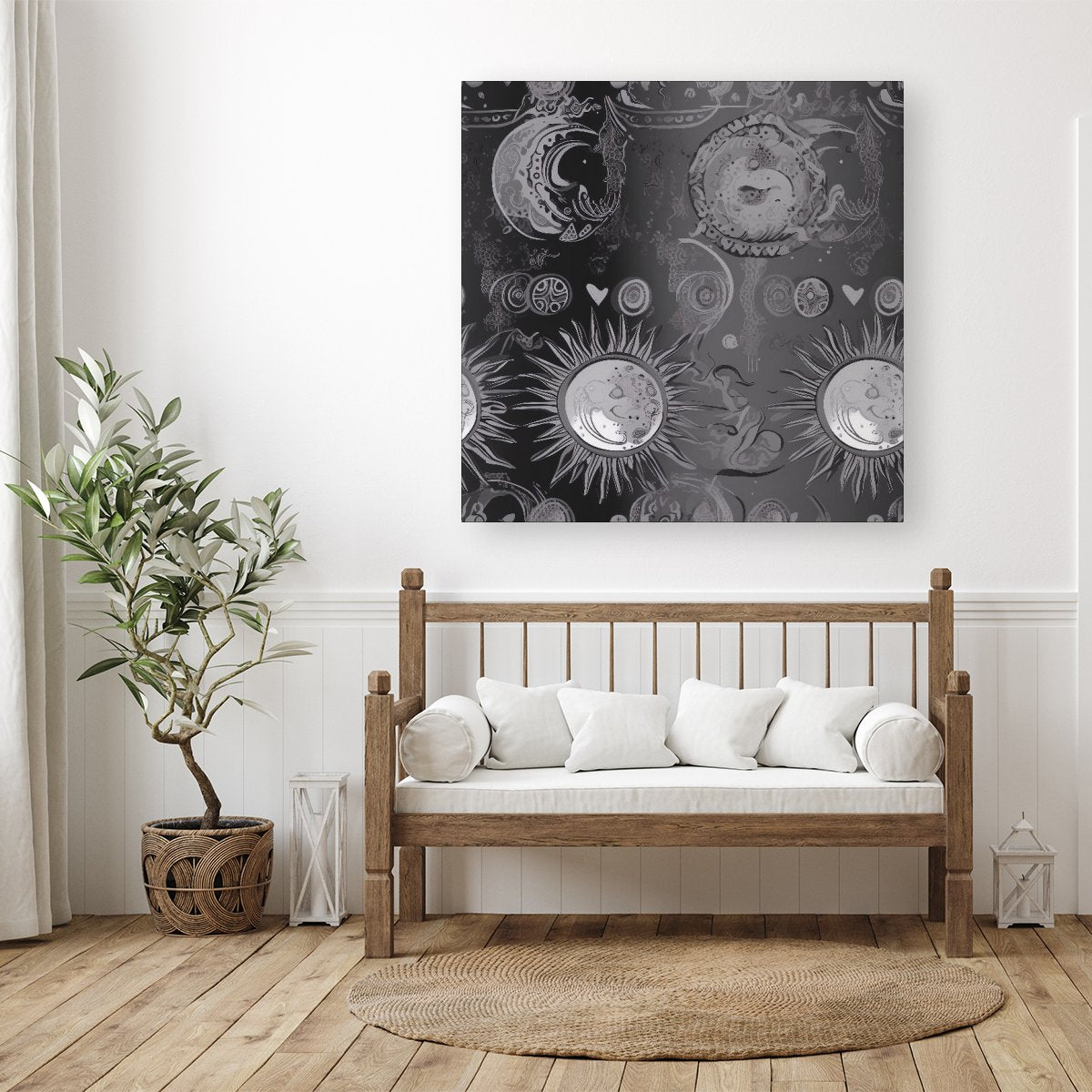 Black Grey Abstract Sun and Moon Canvas