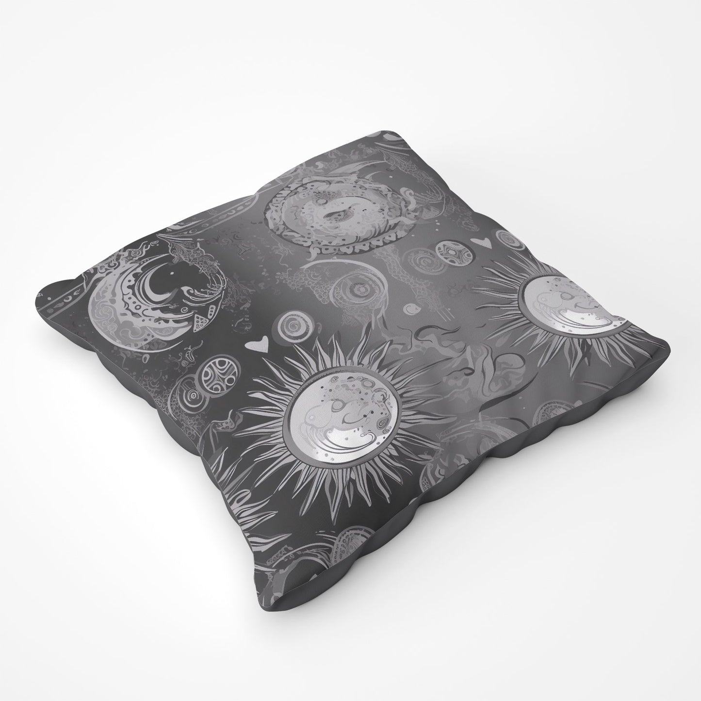 Black Grey Abstract Sun And Moon Floor Cushion