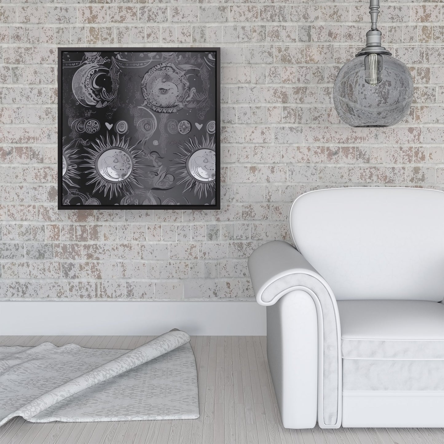 Black Grey Abstract Sun and Moon Framed Canvas