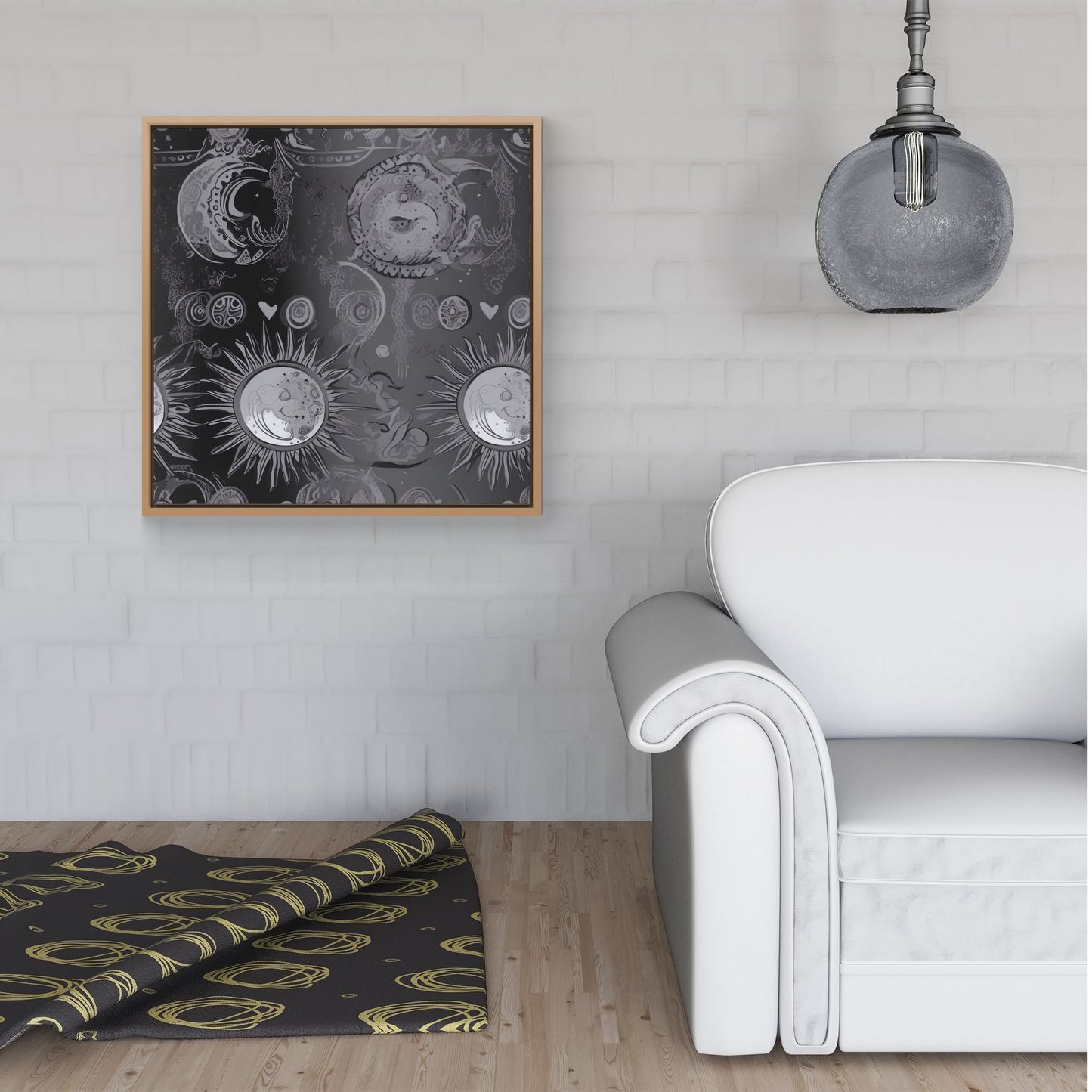 Black Grey Abstract Sun and Moon Framed Canvas