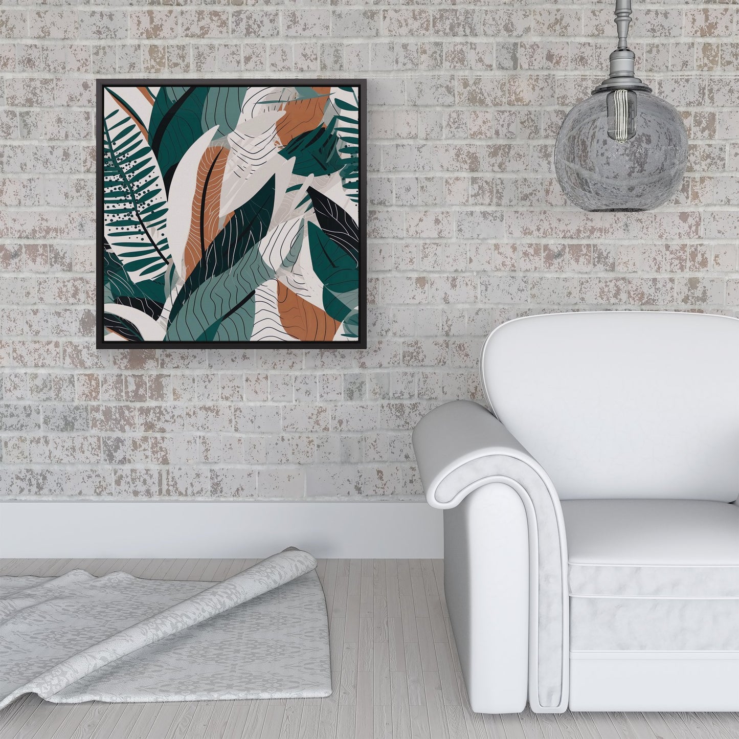 Autumn Tropical Leaves Green Brown Framed Canvas