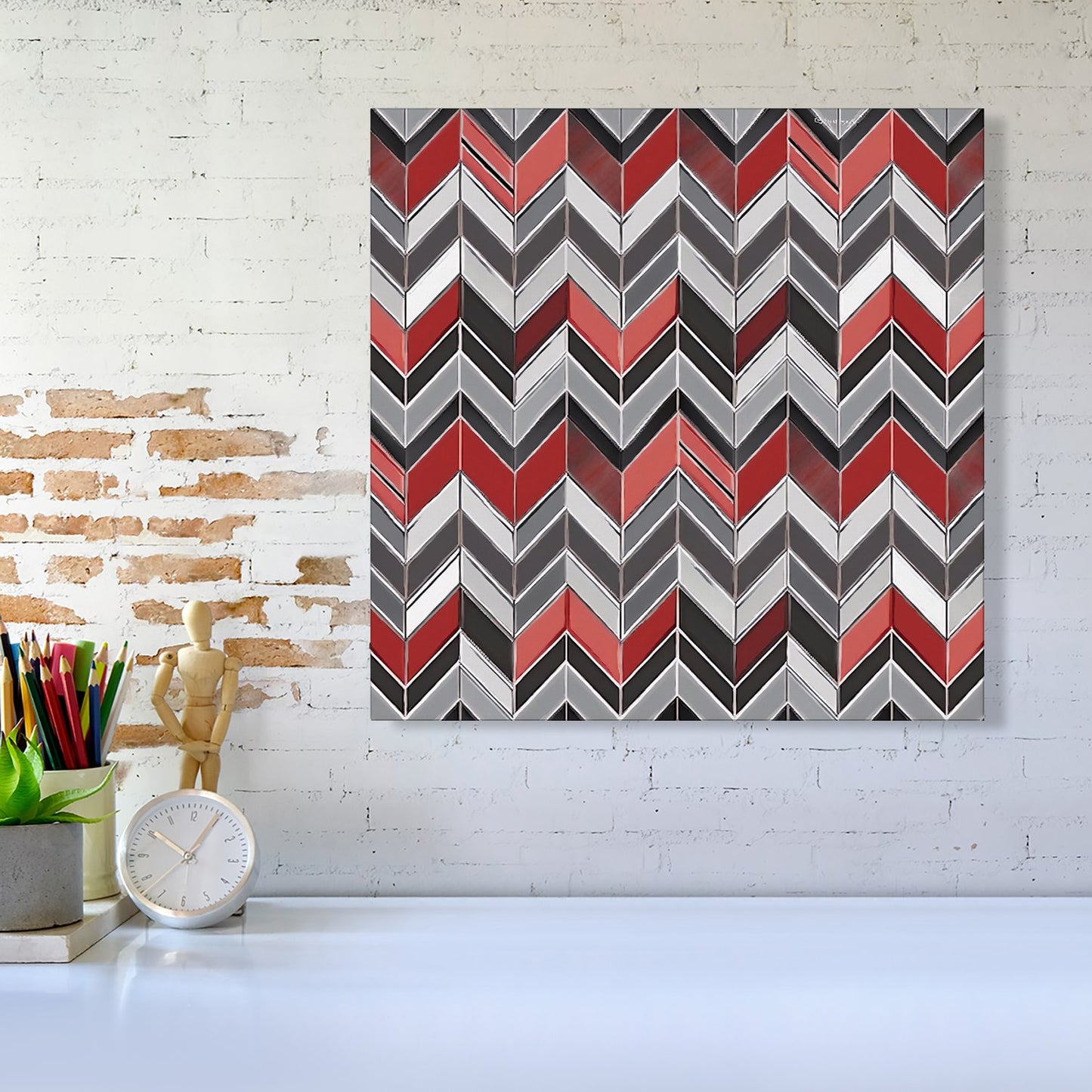 Red Grey Geometric Pattern Canvas