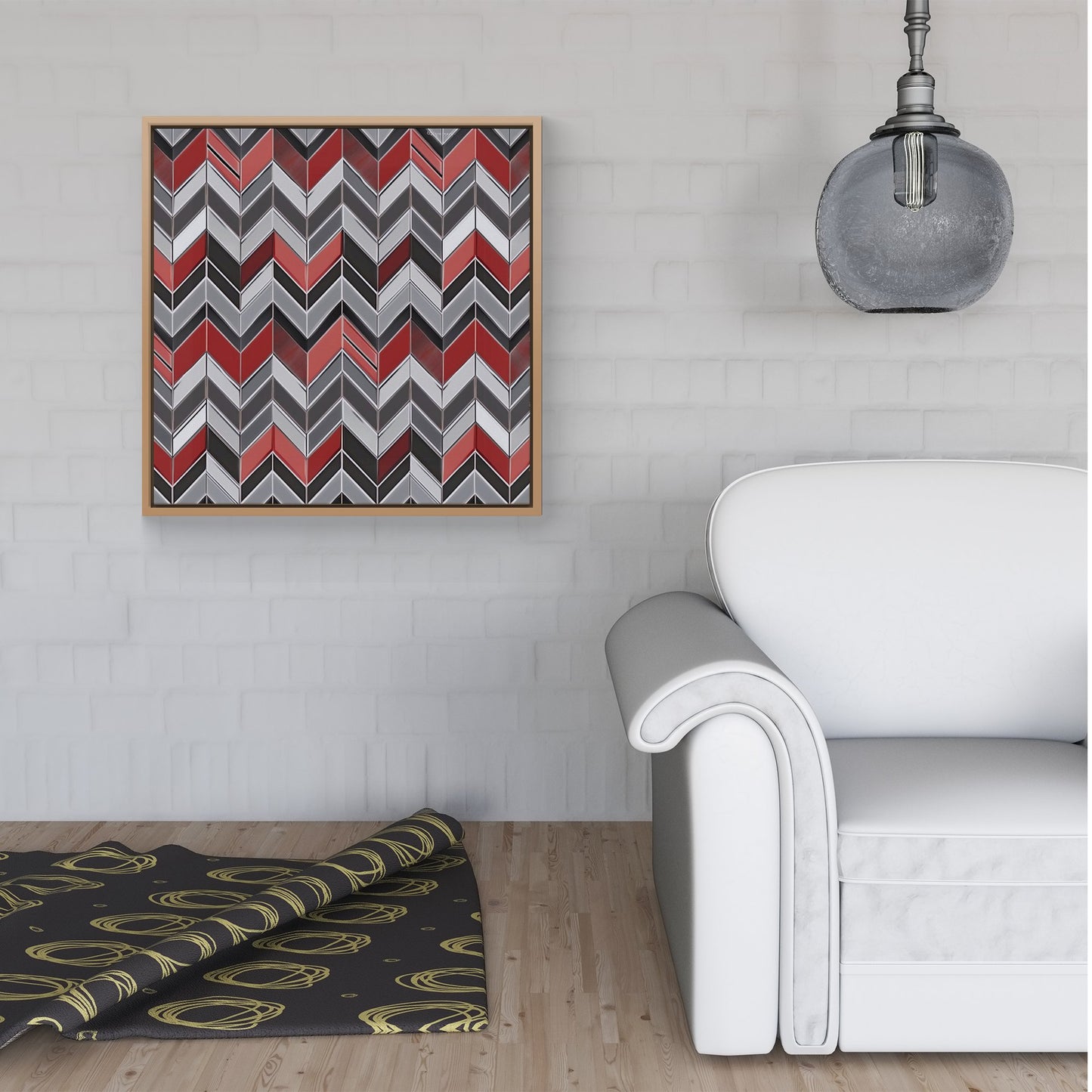 Red Grey Geometric Pattern Framed Canvas