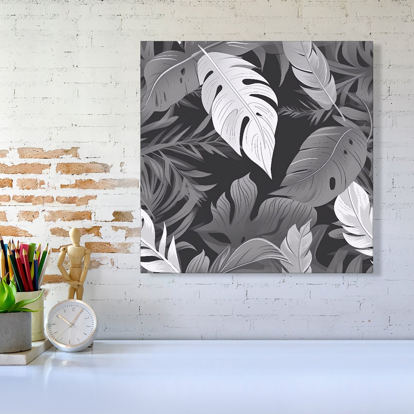 Black White Tropical Leaves Canvas