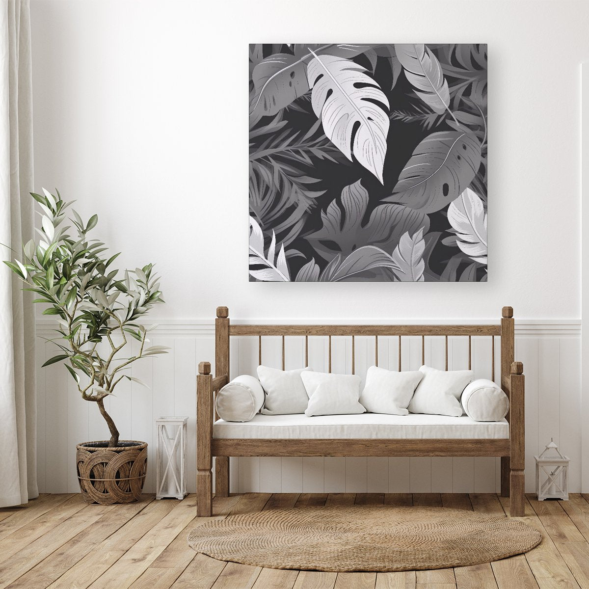 Black White Tropical Leaves Canvas
