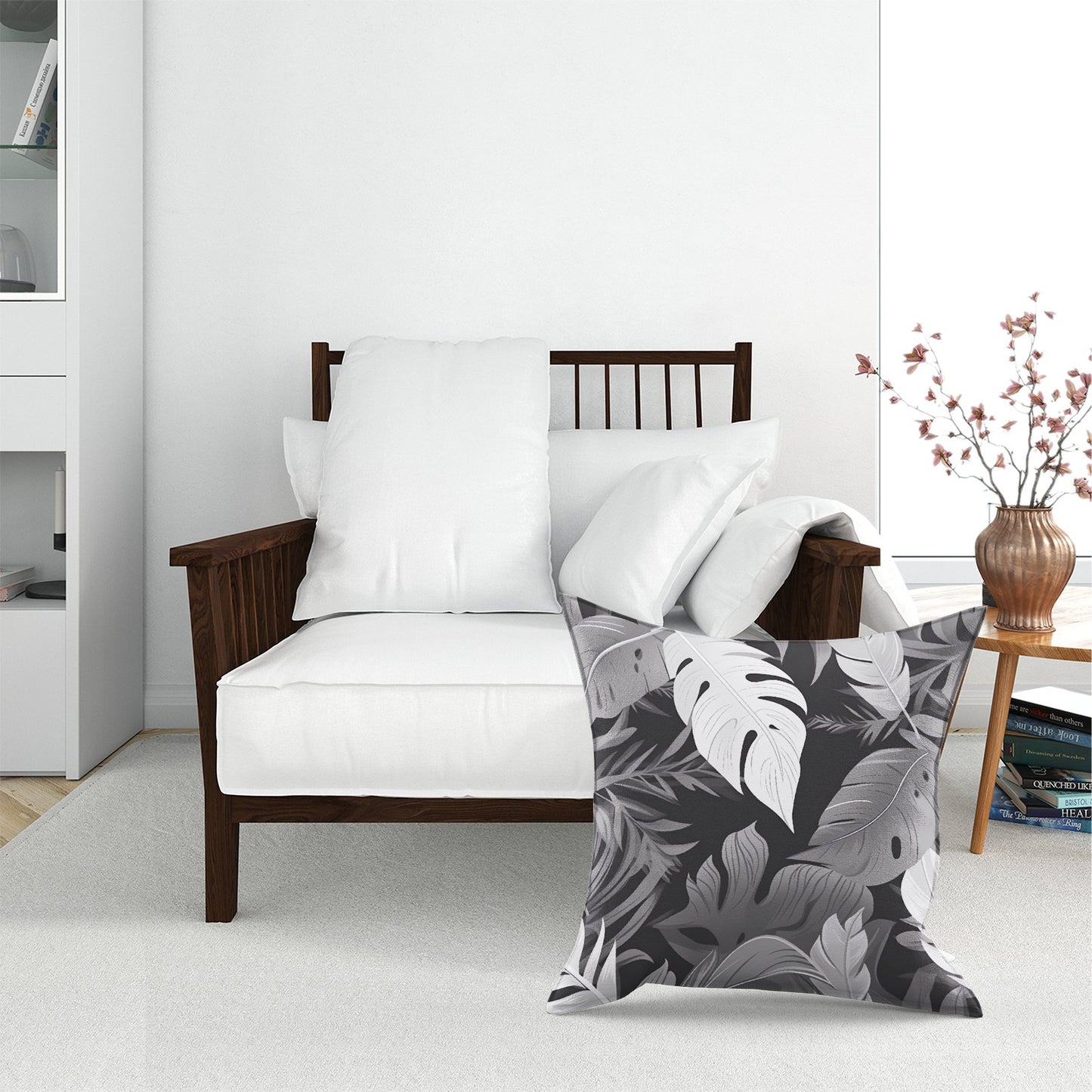 Black White Tropical Leaves Floor Cushion