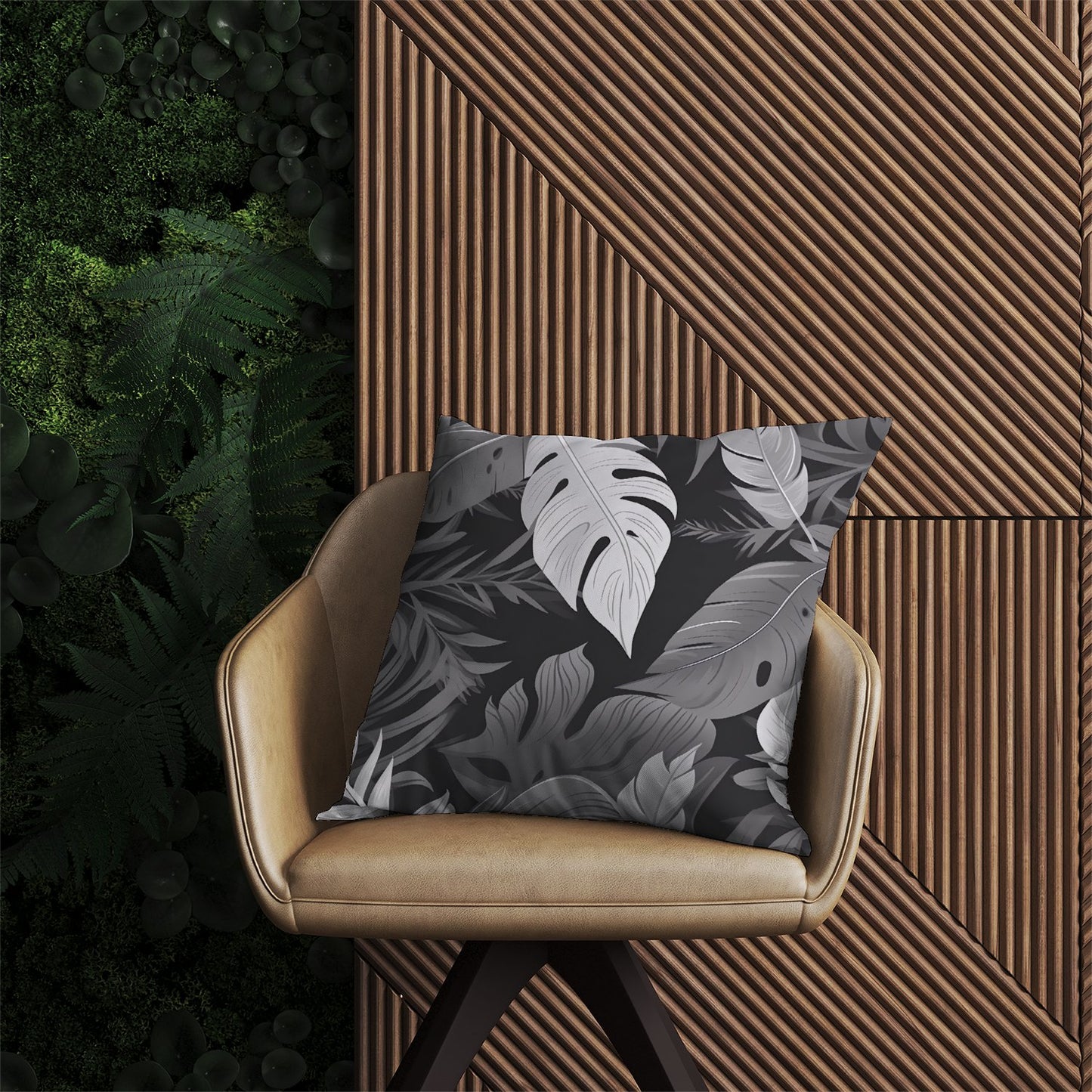 Black White Tropical Leaves Outdoor Cushion