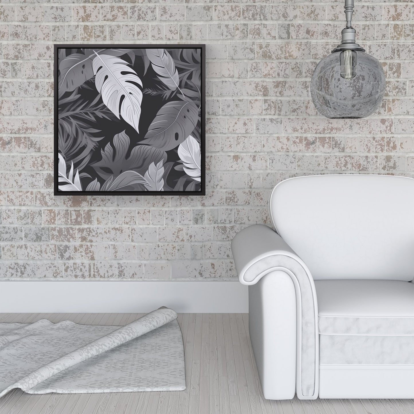 Black White Tropical Leaves Framed Canvas