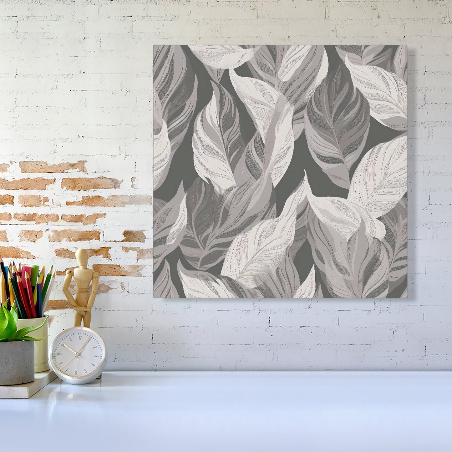 Grey Floral Leaves Canvas