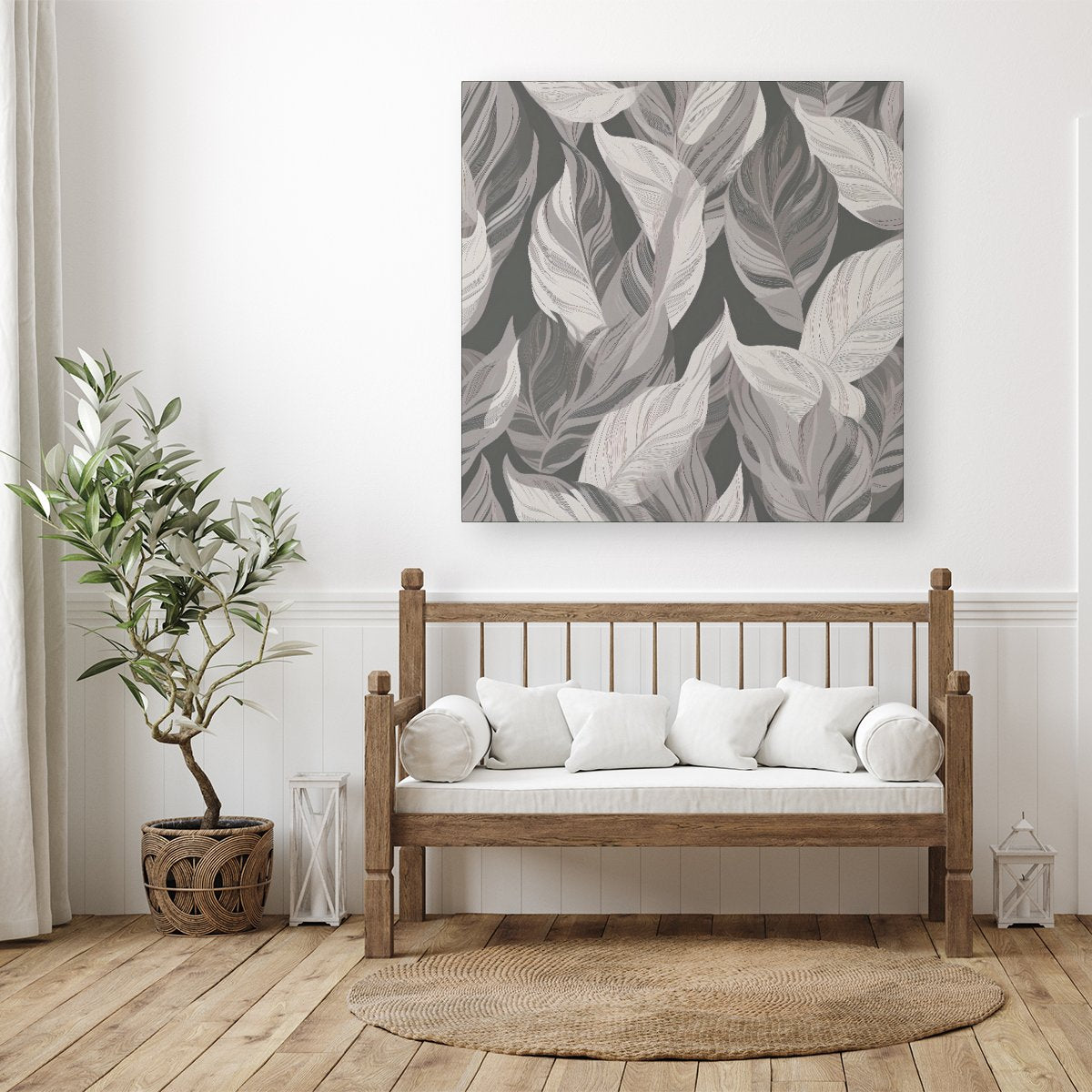 Grey Floral Leaves Canvas