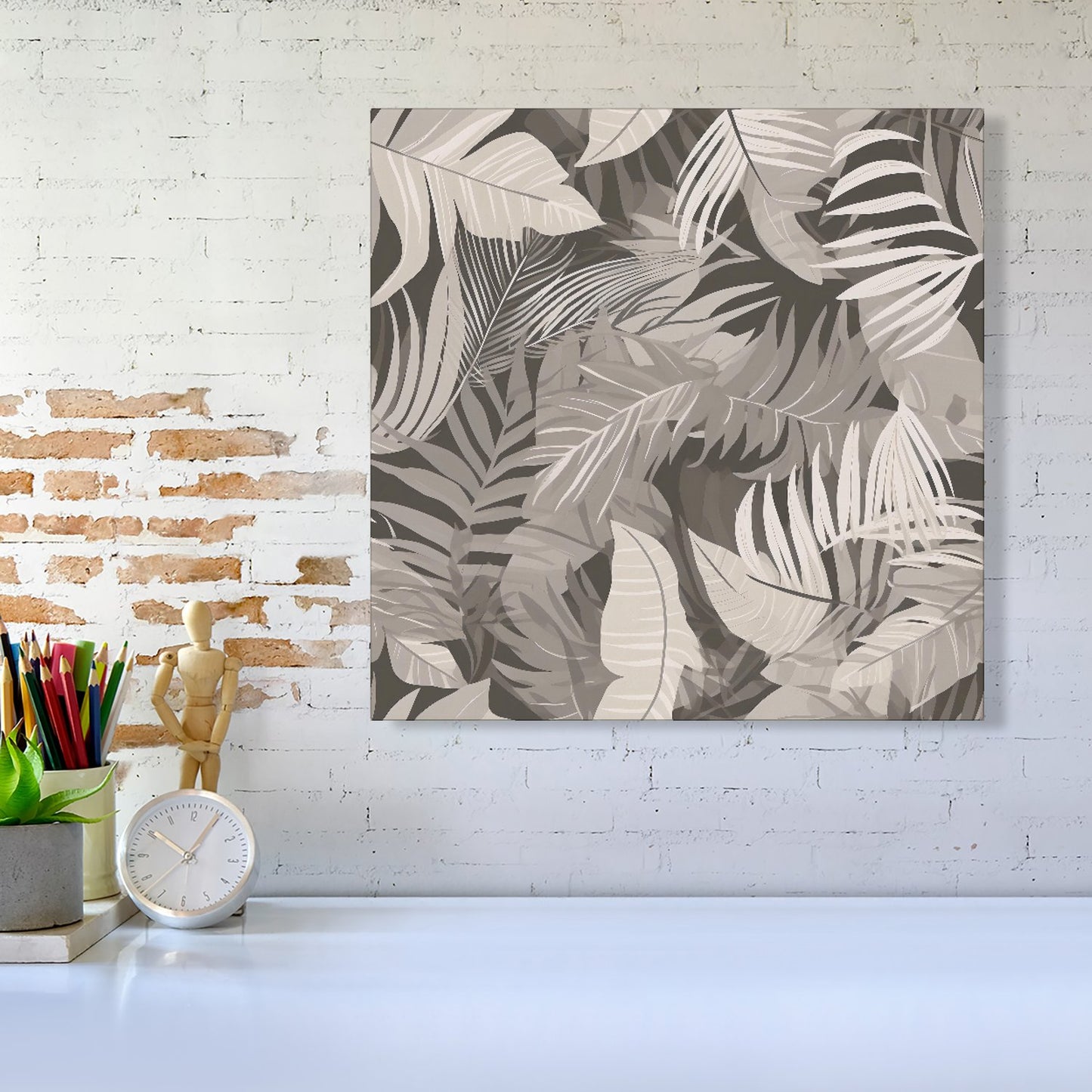 Grey Brown Tropical Leaves Canvas